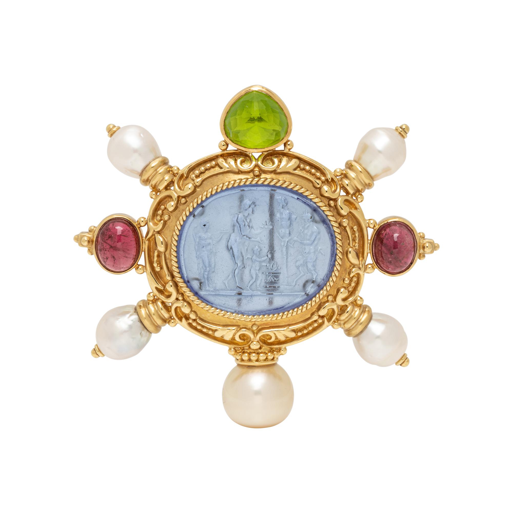YELLOW GOLD AND MULTIGEM CAMEO BROOCH