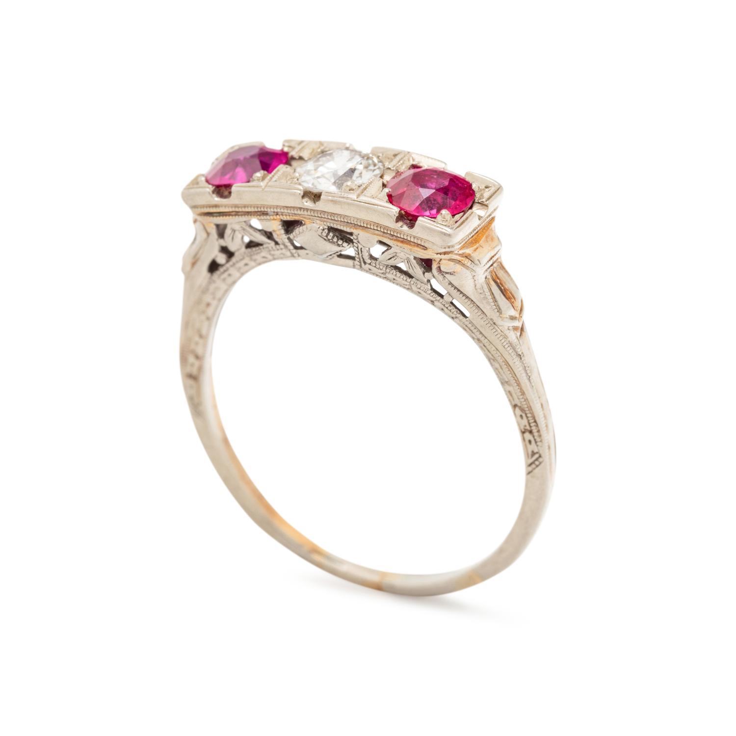 ANTIQUE, DIAMOND AND SYNTHETIC RUBY RING
