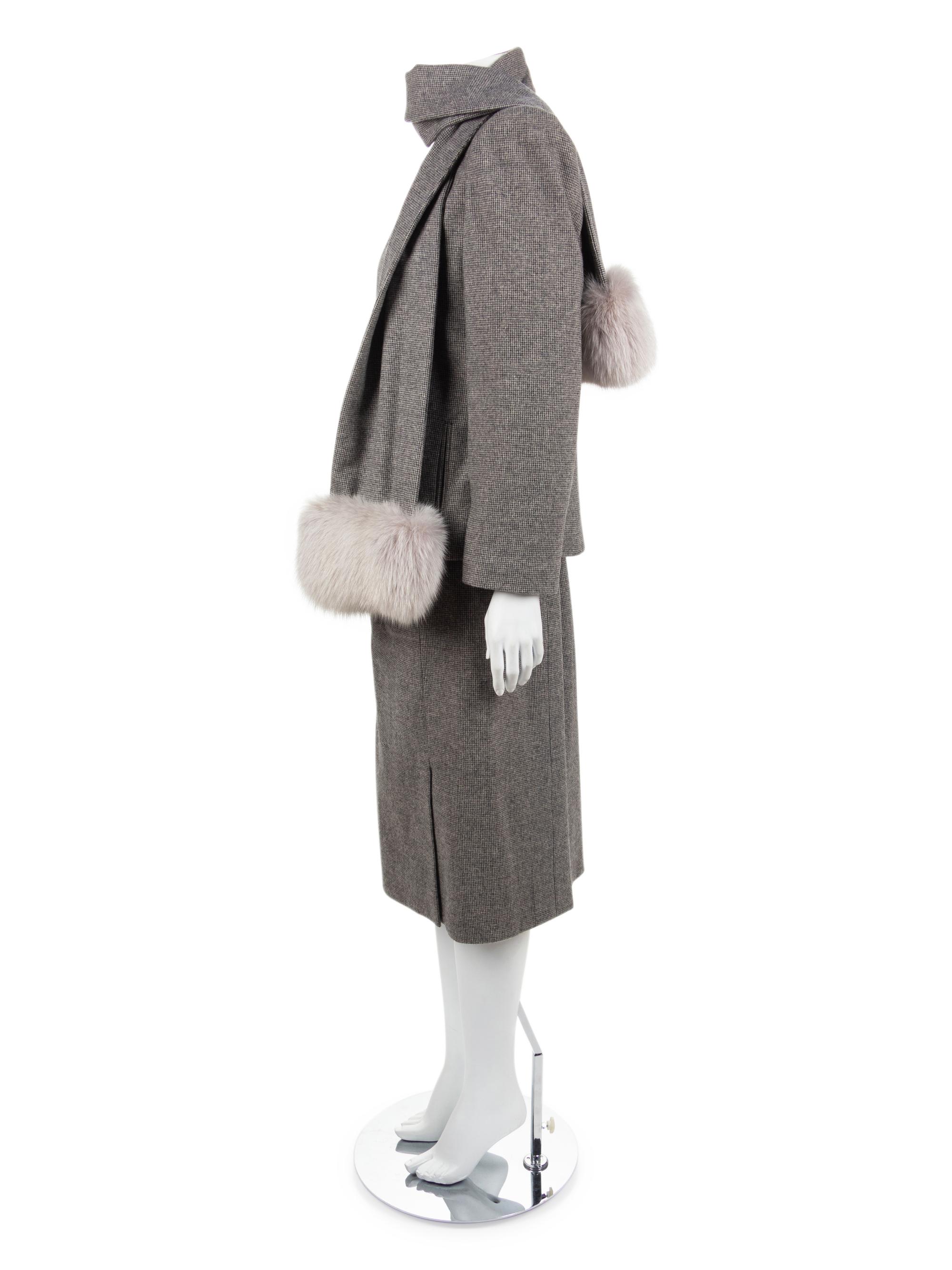 Stanley Korshak Skirt Suit with Fox Fur Trim, 1950s-1960s
