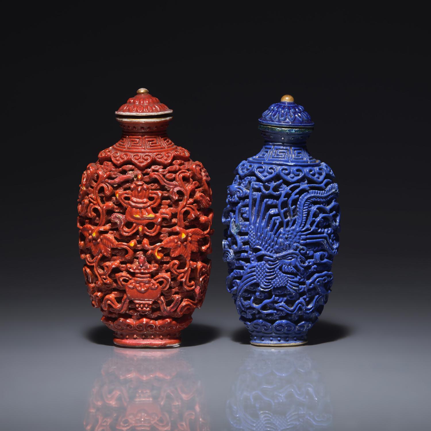 Two Chinese Molded and Enameled Porcelain Snuff Bottles, Possibly Jiaqing Period 或爲清嘉慶 瓷雕鼻烟壺兩支