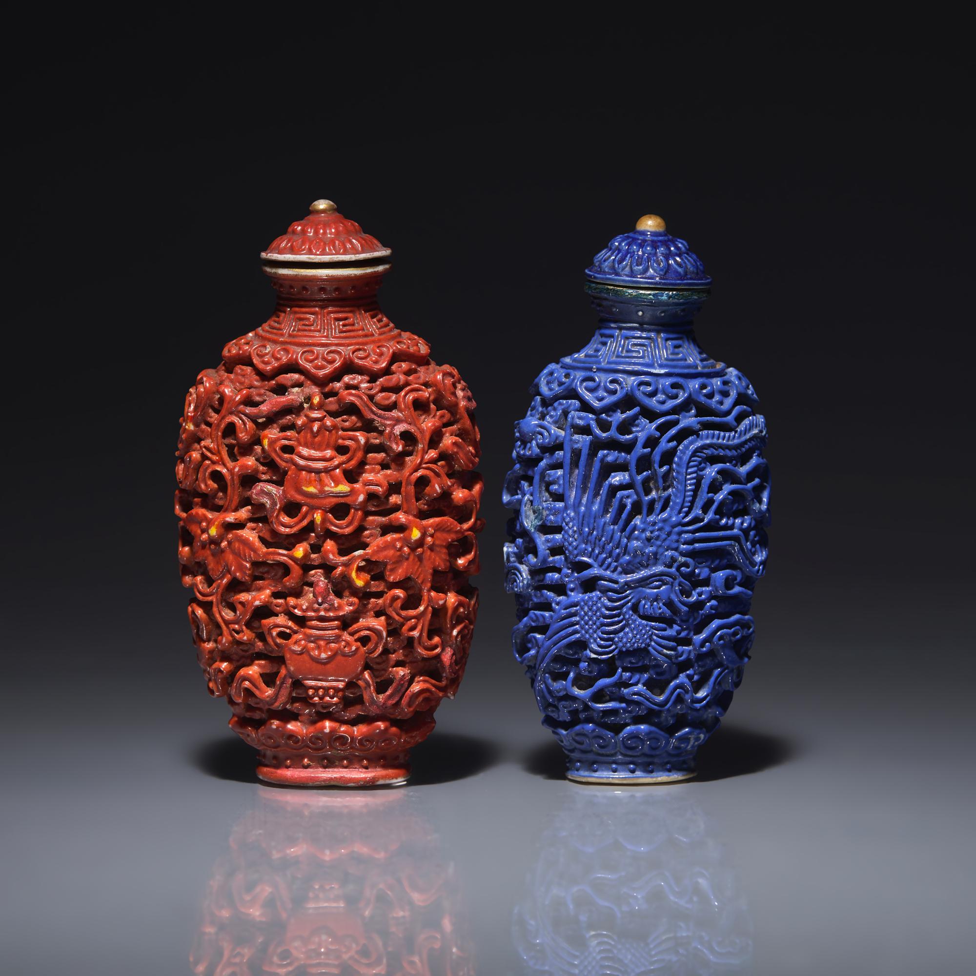 Two Chinese Molded and Enameled Porcelain Snuff Bottles, Possibly Jiaqing Period 或爲清嘉慶 瓷雕鼻烟壺兩支