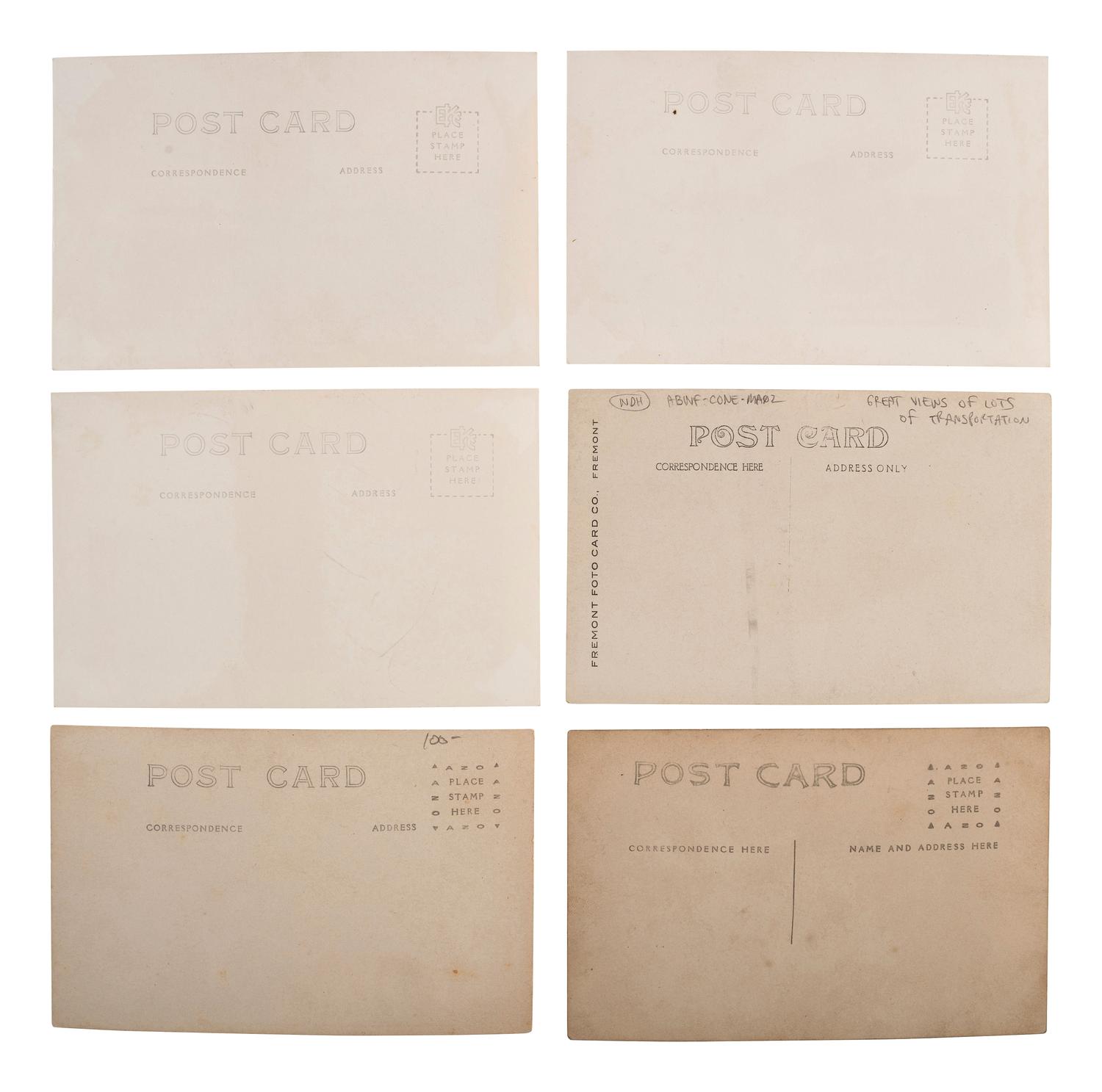 [EARLY PHOTOGRAPHY] -- [TRANSPORTATION]. A group of 23 real photo postcards of trains, ships, airplanes, automobiles, wrecks, and more.