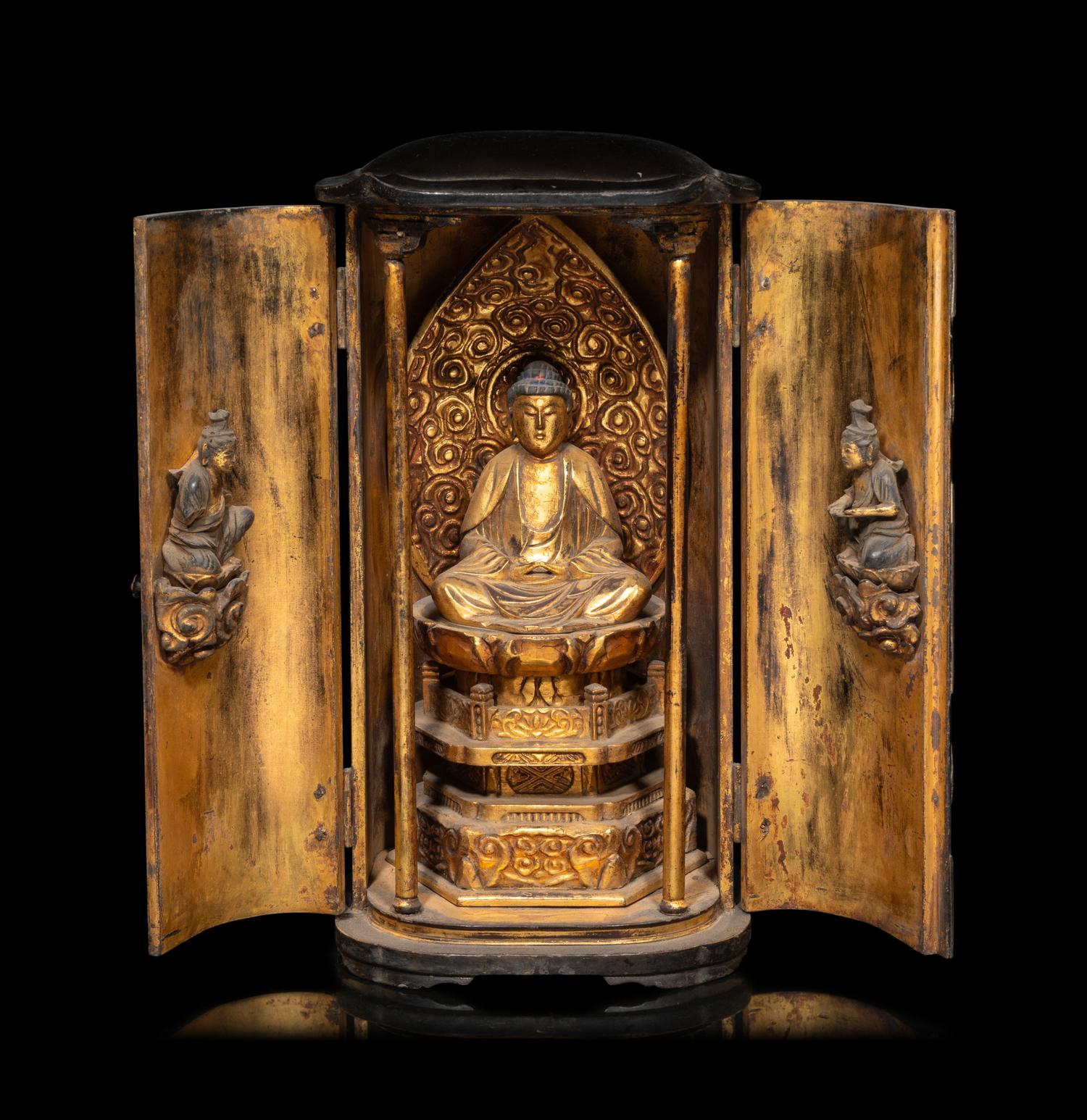 A Japanese Gilt and Black Lacquered Wood Buddhist Shrine with a Figure of a Seated Buddha