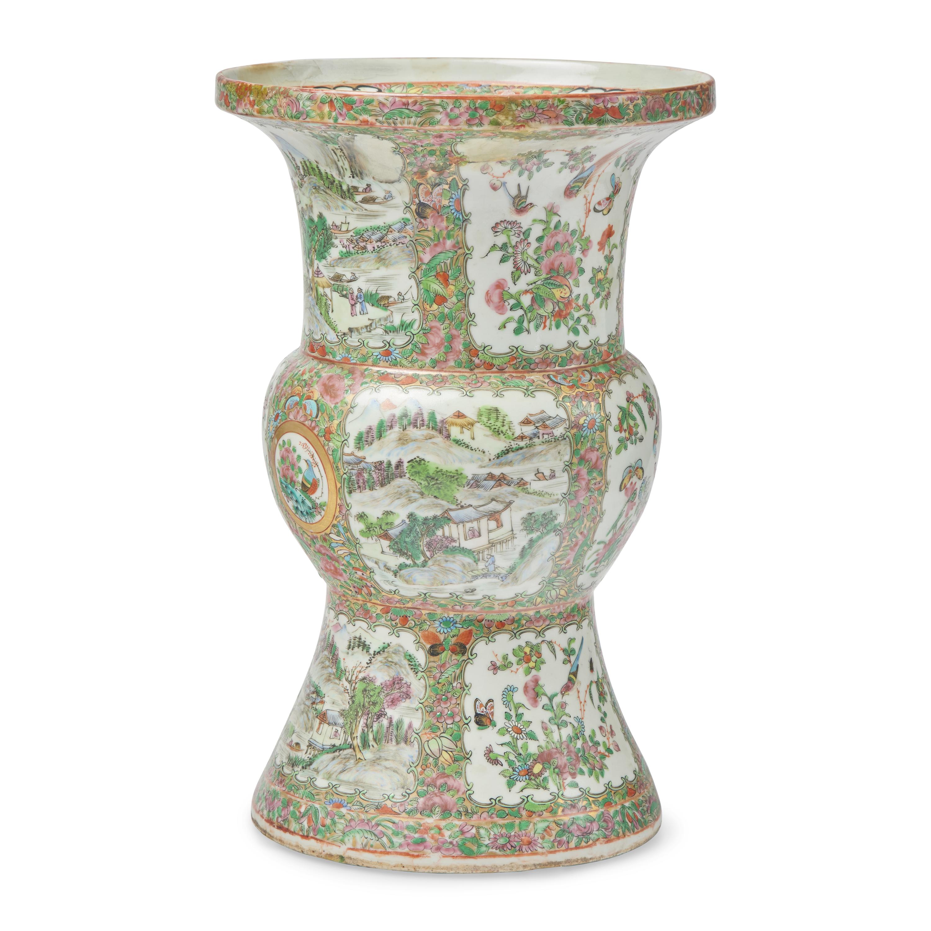 A Chinese Export Porcelain Rose Medallion Gu-Form Vase