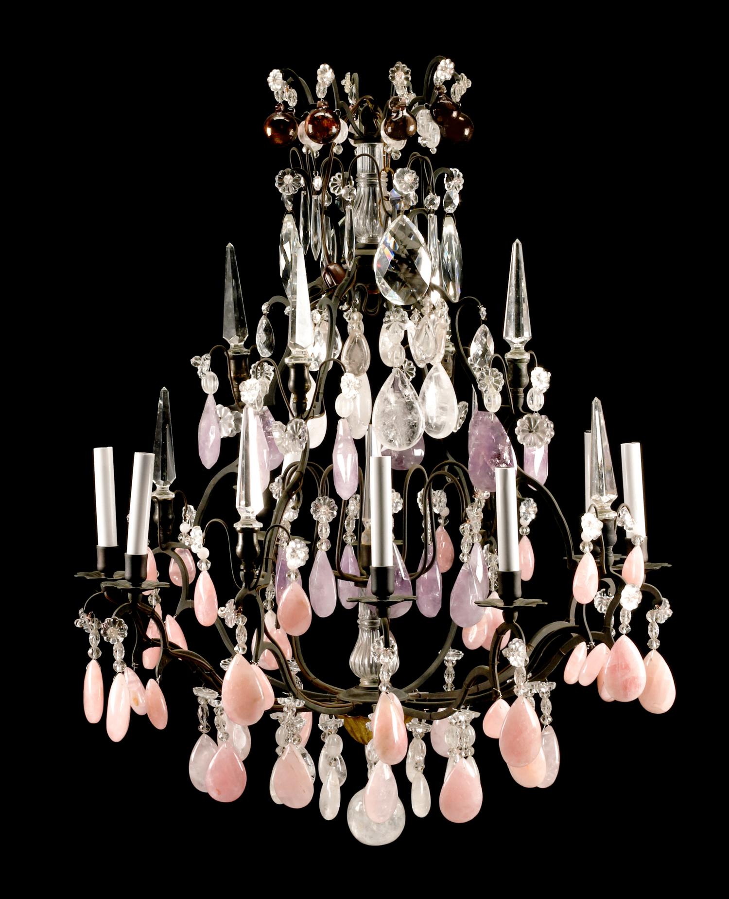 A Louis XV Style Patinated Bronze, Rock Crystal, Amethyst and Rose Quartz Eight-Light Chandelier Height 36 x diameter 28 inches.