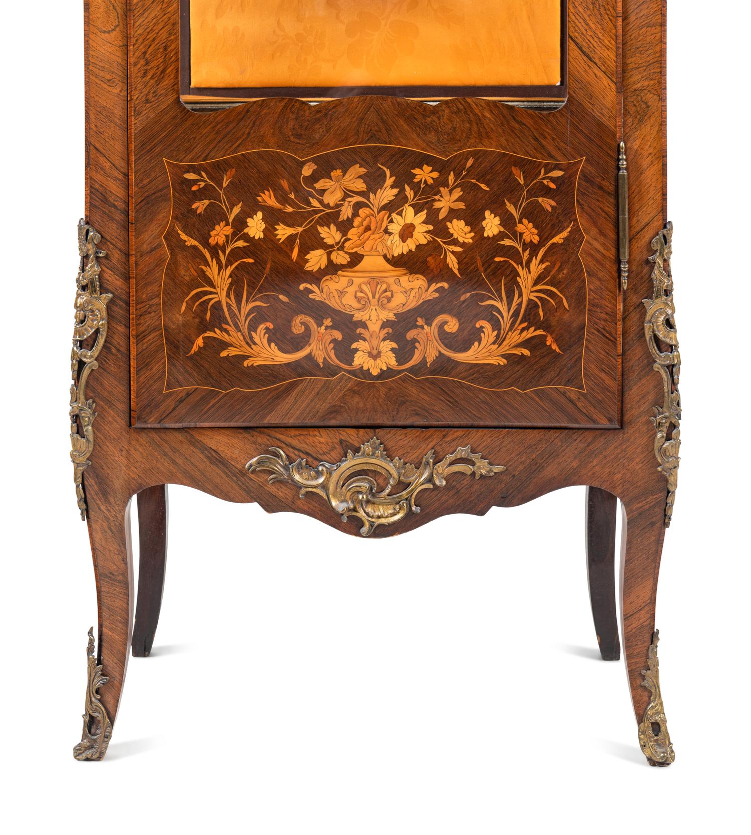 A Louis XV Style Gilt Metal Mounted Marquetry Marble-Top Vitrine Cabinet