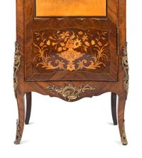 A Louis XV Style Gilt Metal Mounted Marquetry Marble-Top Vitrine Cabinet