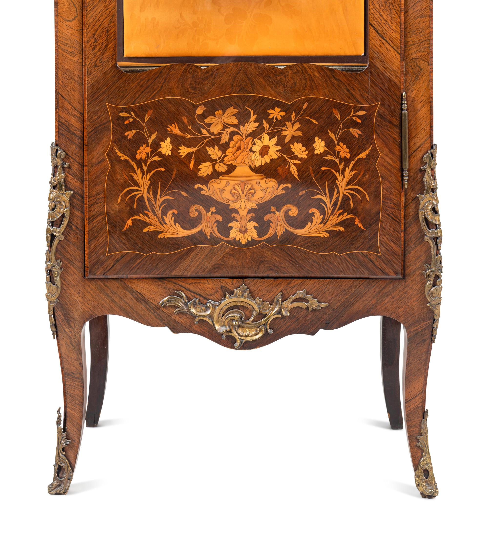 A Louis XV Style Gilt Metal Mounted Marquetry Marble-Top Vitrine Cabinet