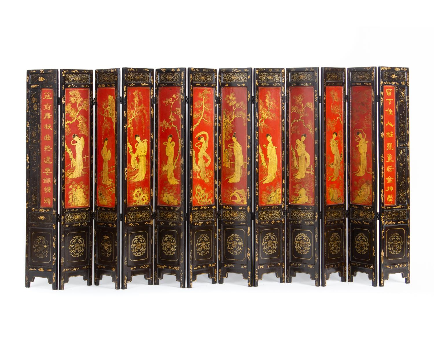 A Chinese Lacquered and Parcel Gilt Twelve-Panel Table Screen