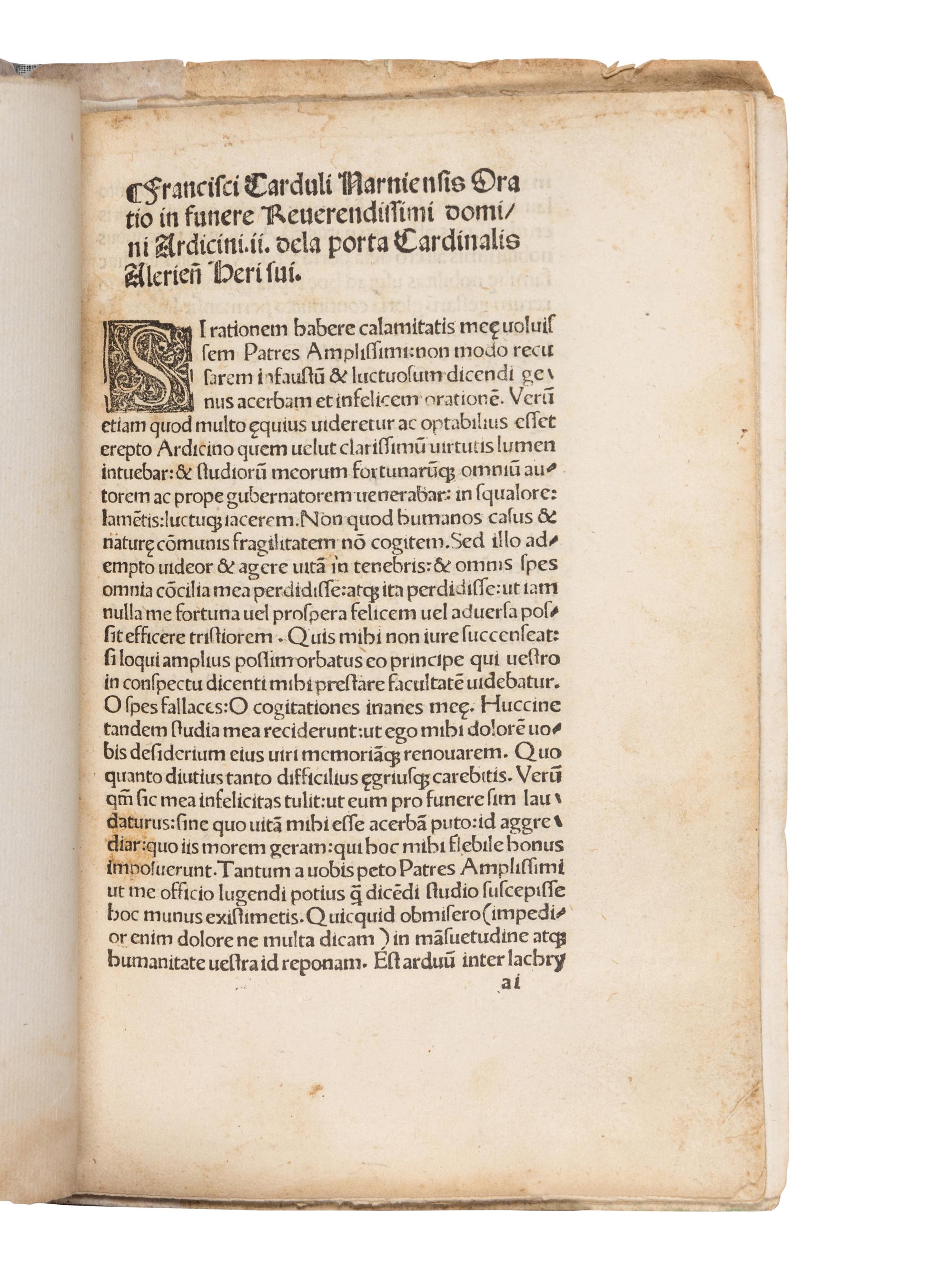 CARDULUS, Franciscus. Oratio in funere cardinalis Ardicini de La Porta . [Rome : Andreas Freitag, after 4 Mar. 1493].