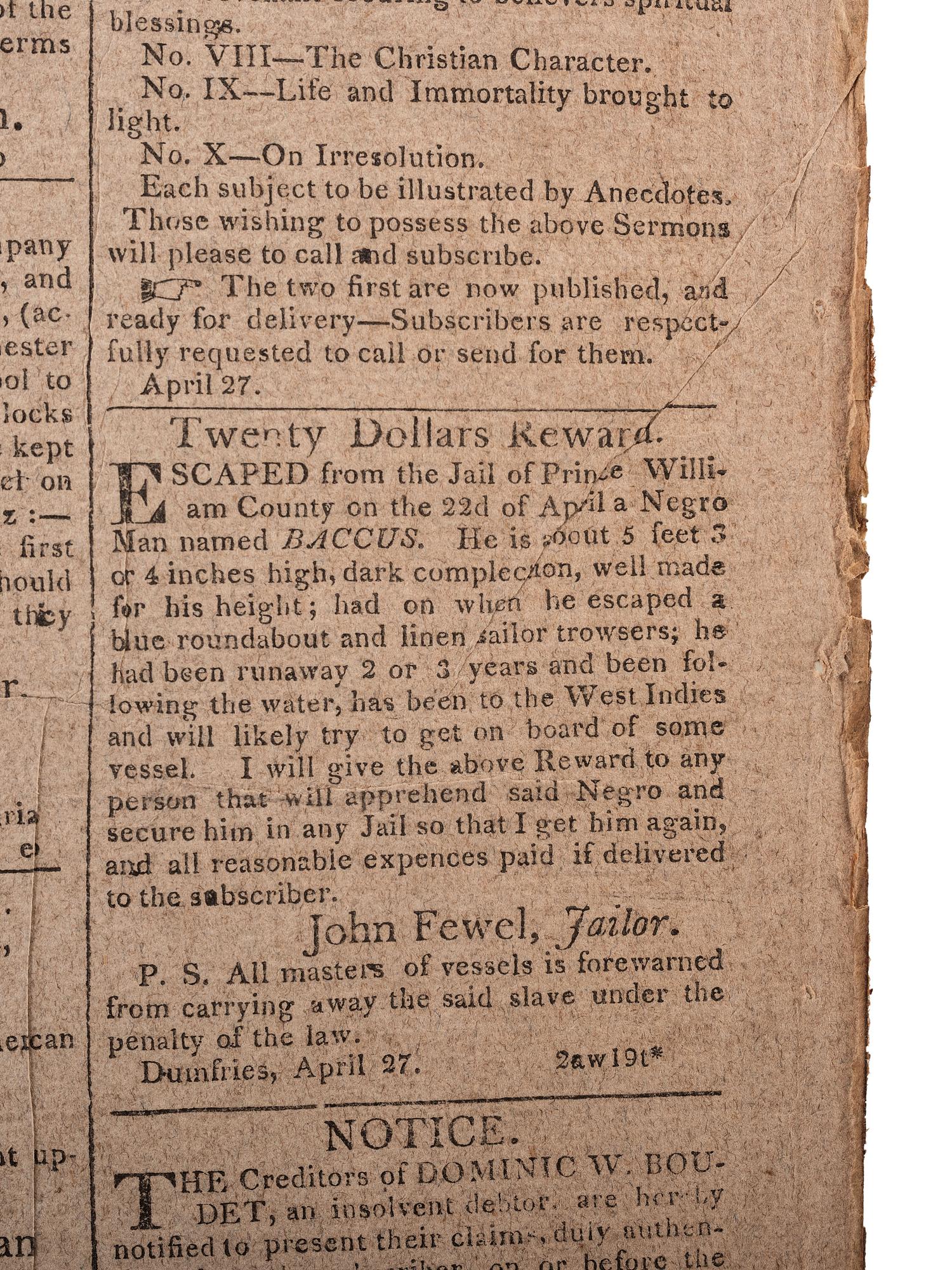 [SLAVERY & ABOLITION]. Alexandria Daily Gazette, Commercial & Political. Vol. XII, No. 3676. Alexandria, VA, 18 June 1812.