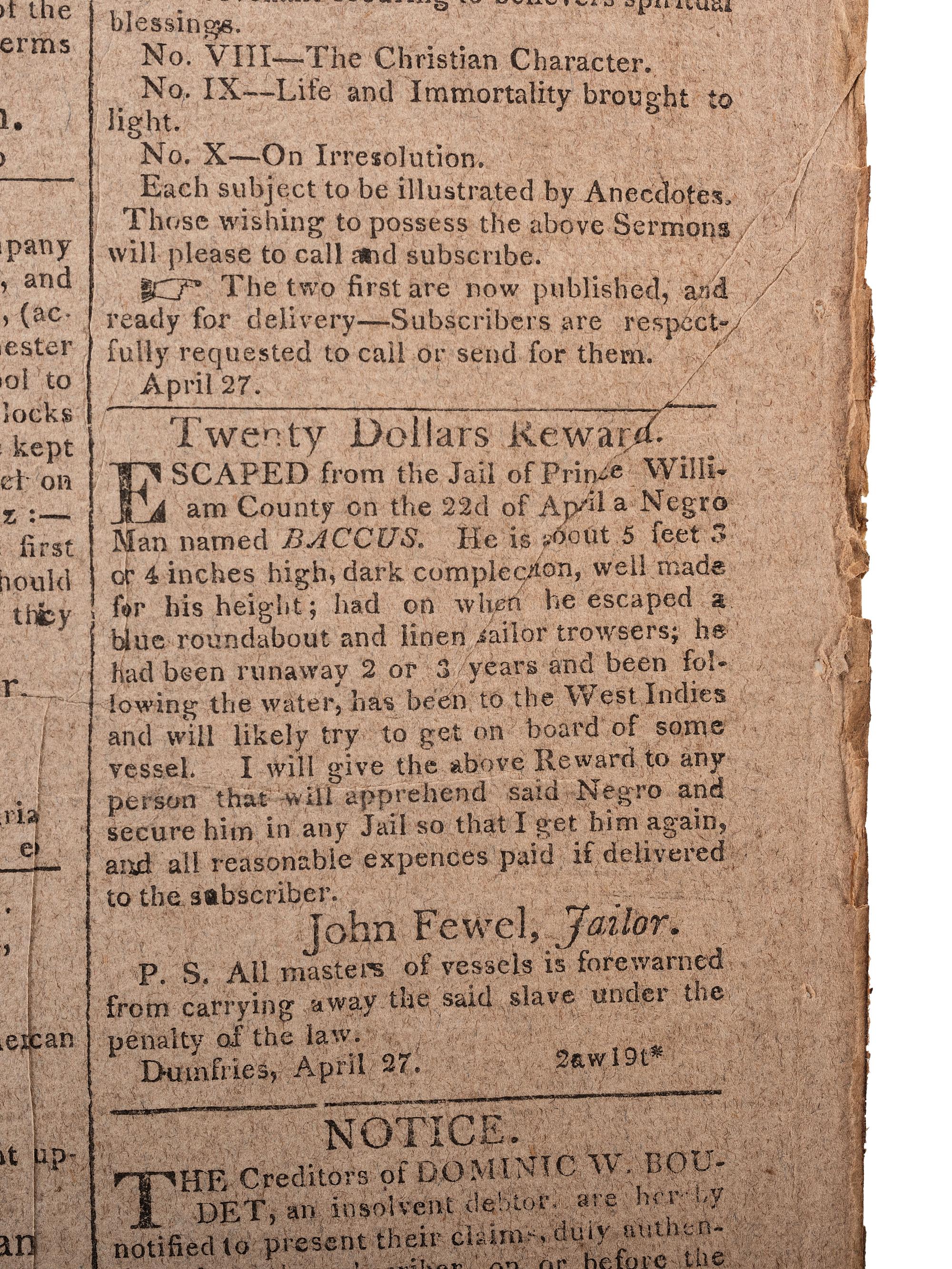 [SLAVERY & ABOLITION]. Alexandria Daily Gazette, Commercial & Political. Vol. XII, No. 3676. Alexandria, VA, 18 June 1812.