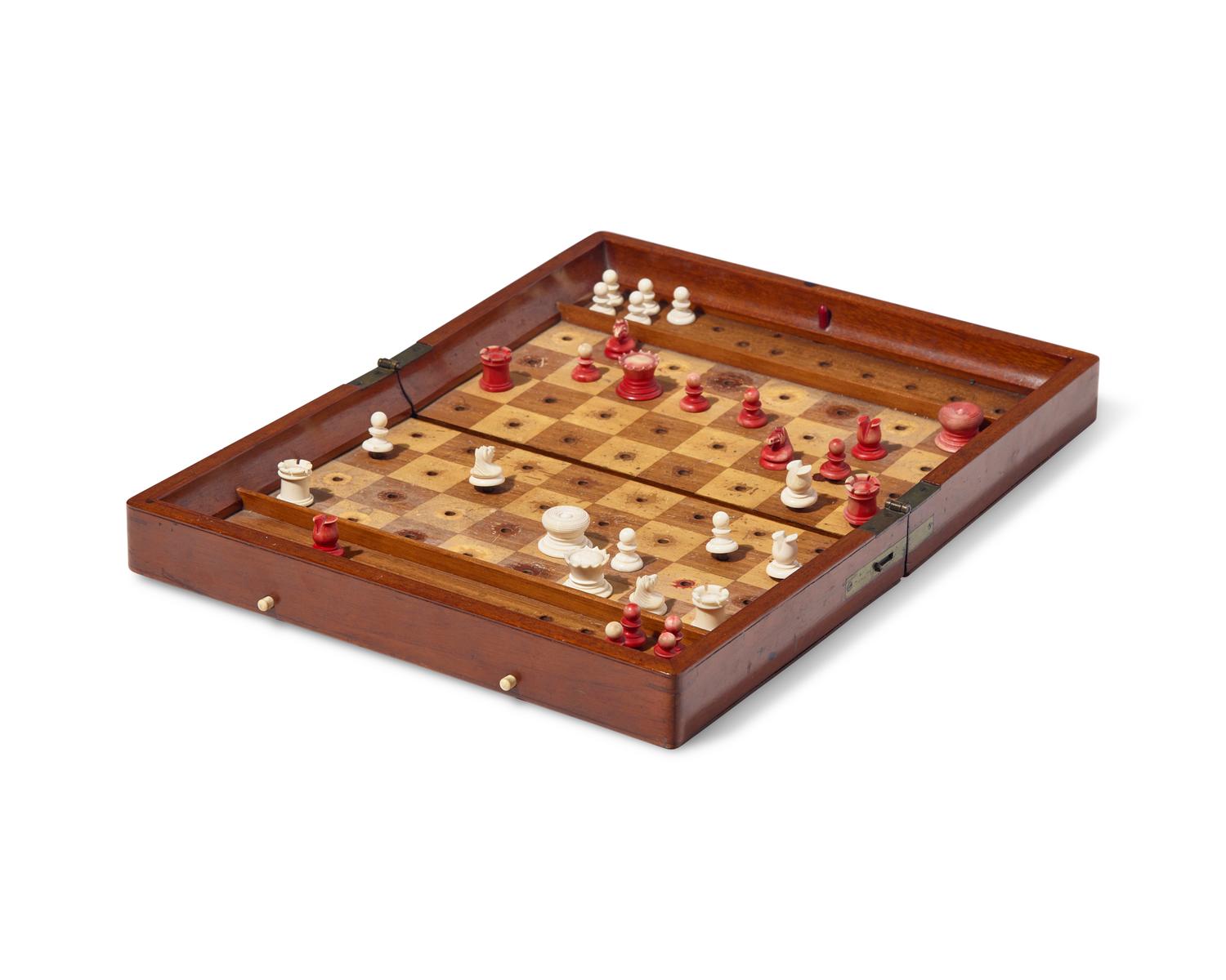 A Satinwood and Mahogany Folding Chess Set from William Vincent Astor's Yacht, Nourmahal