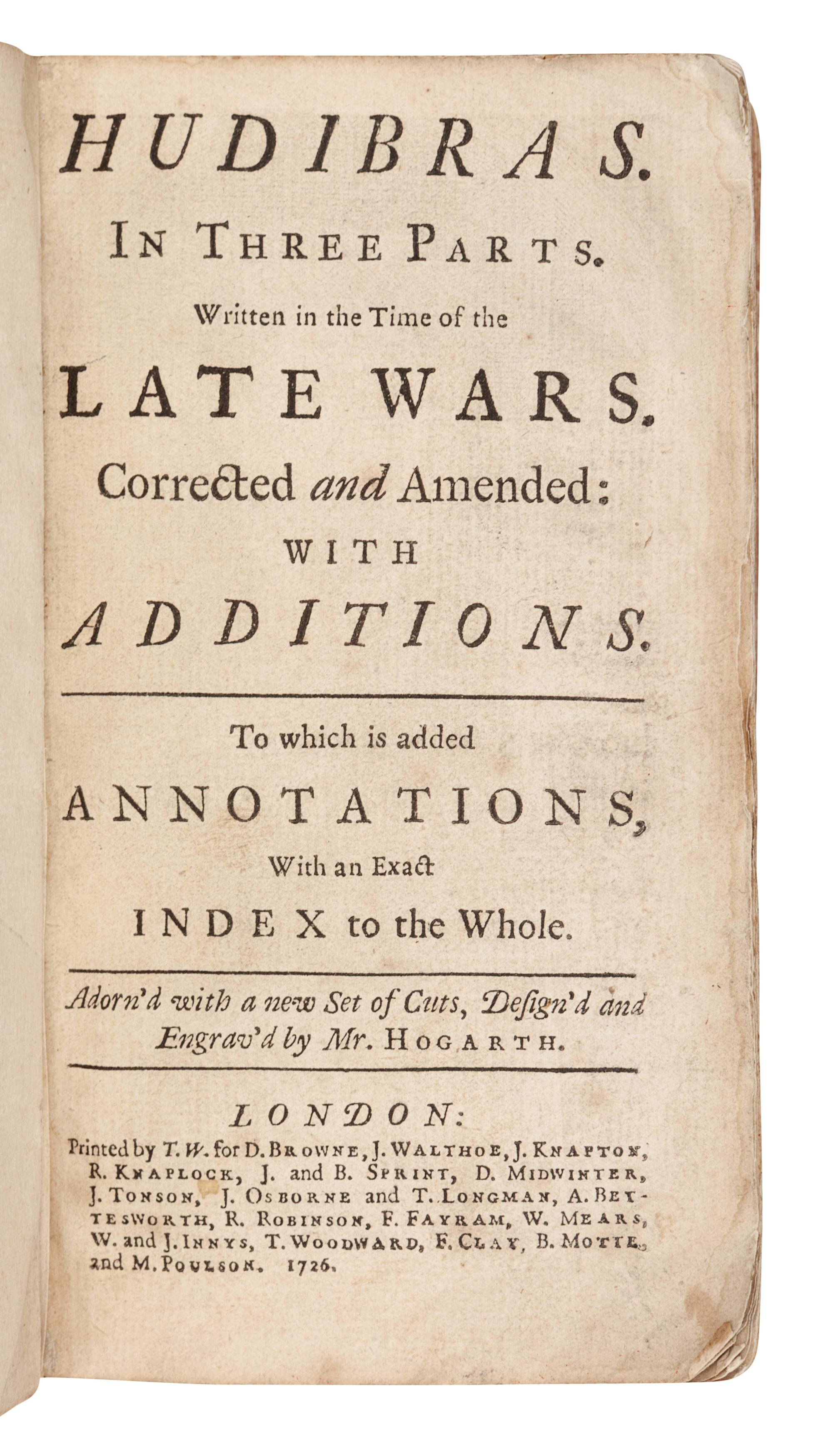 BUTLER, Samuel (1612-1680). Hudibras . London: T.W. for D. Browne and others, 1726.