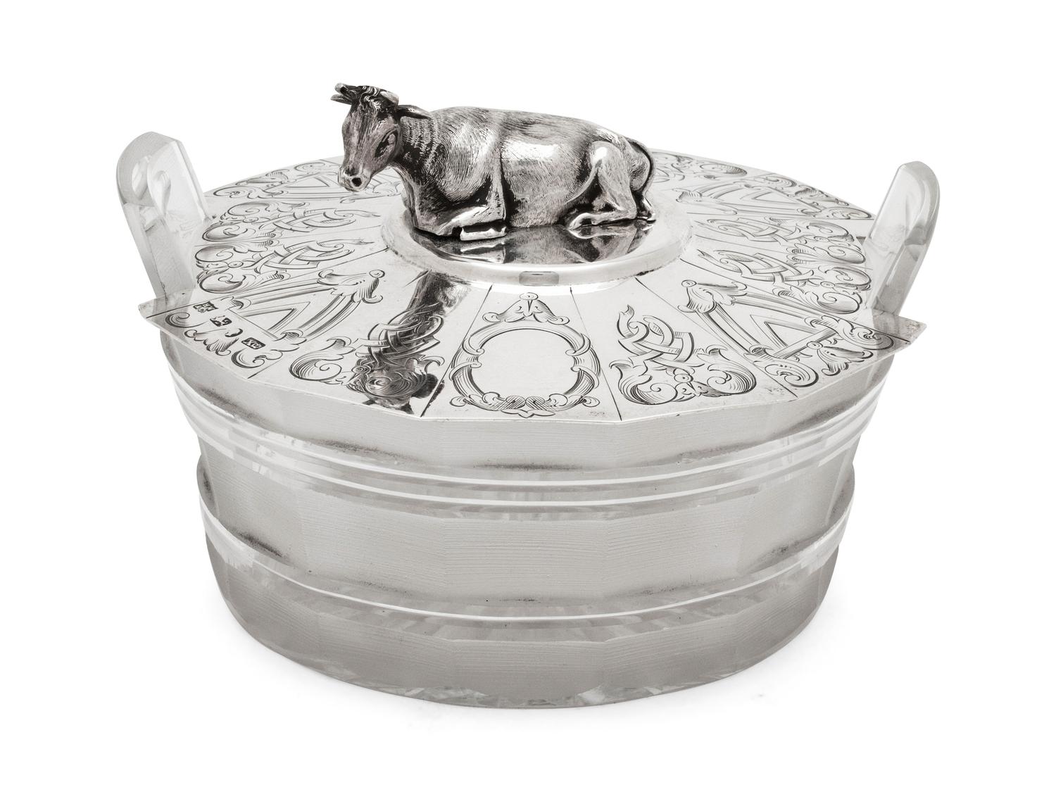 An English Silver Lidded Glass Butter Dish