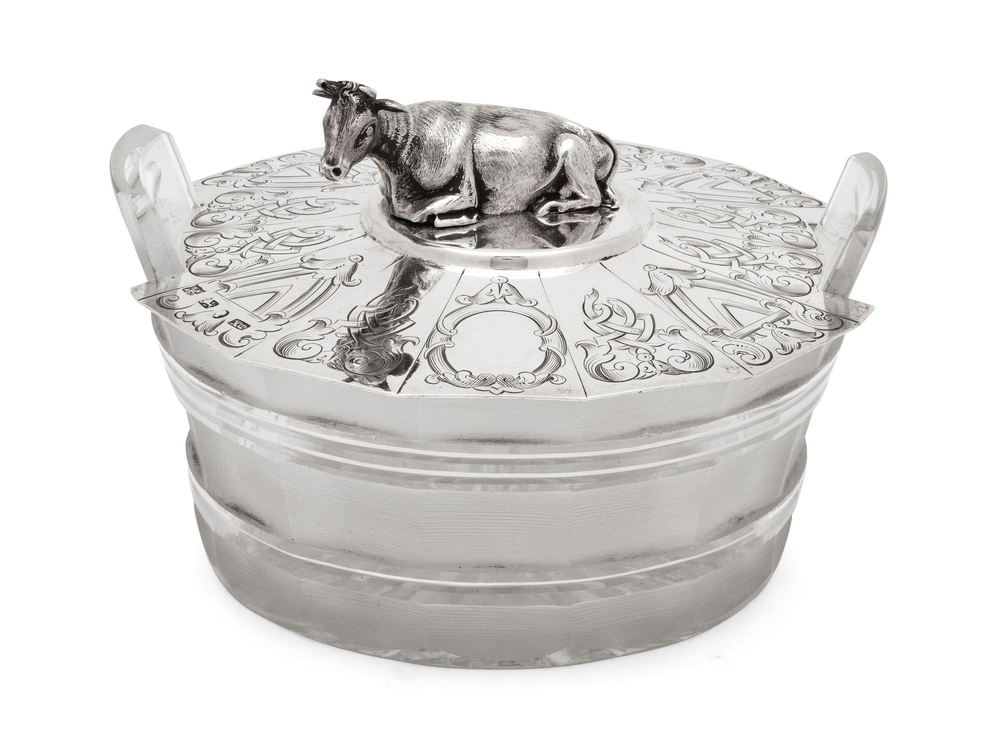 An English Silver Lidded Glass Butter Dish