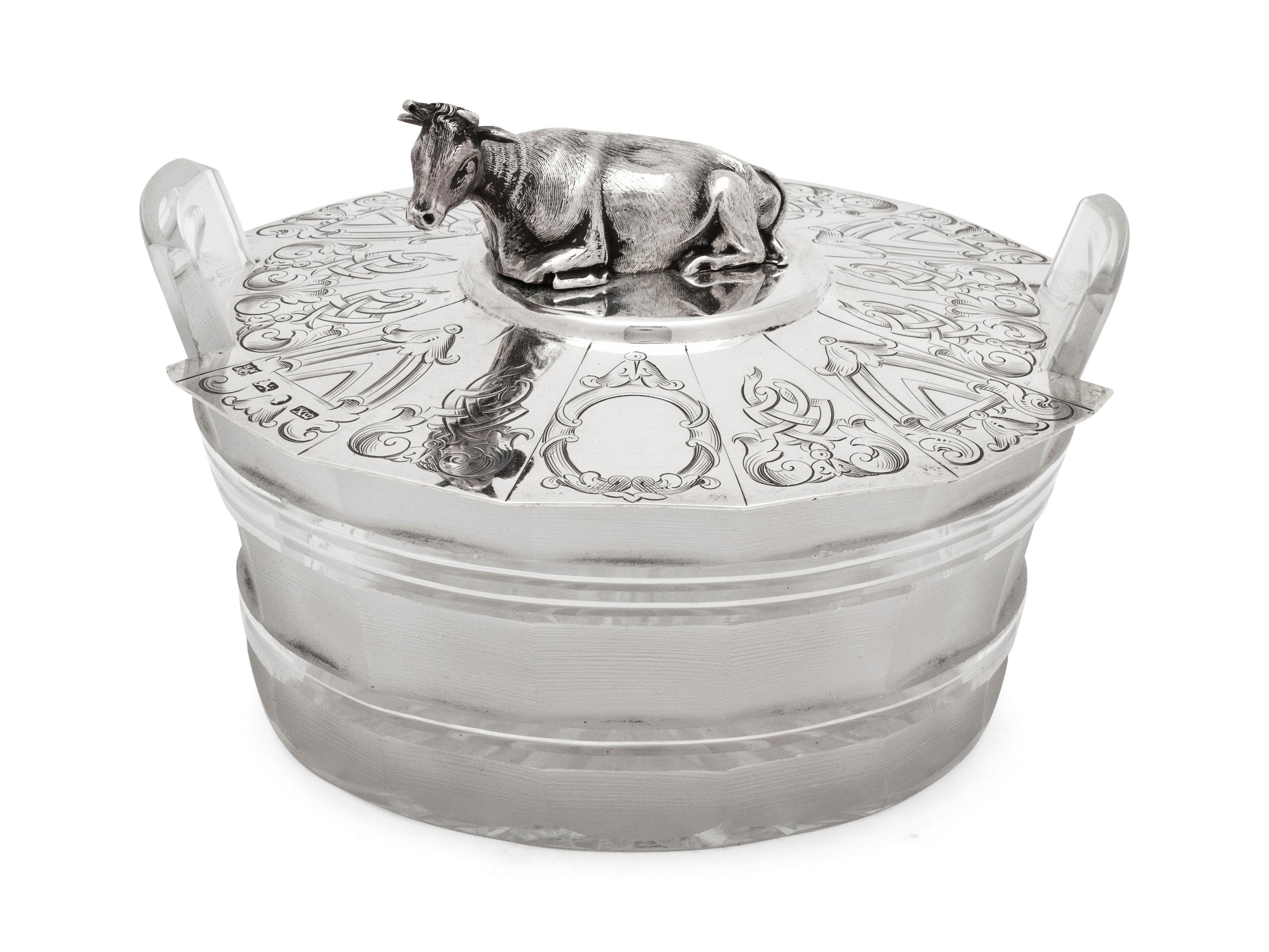 An English Silver Lidded Glass Butter Dish