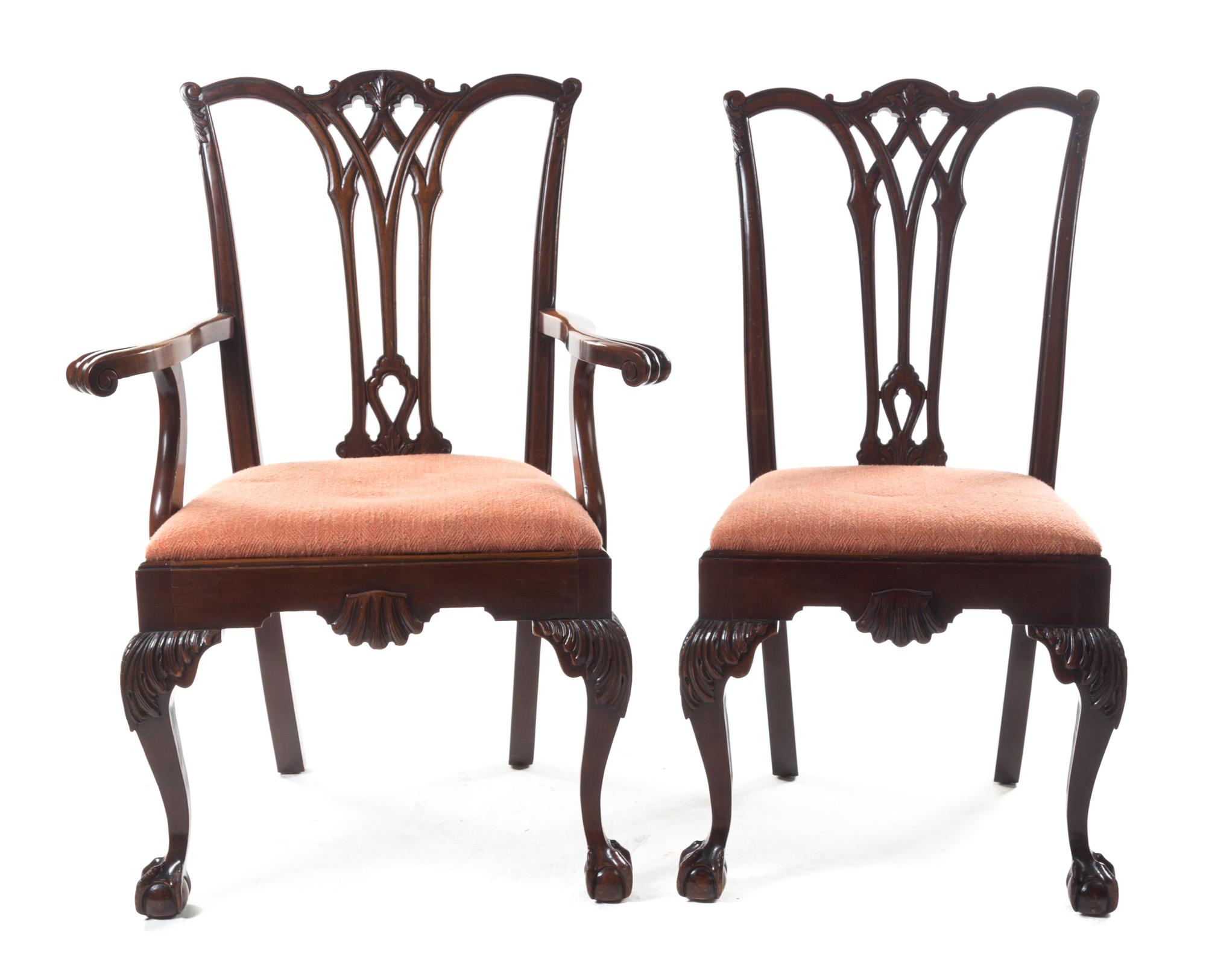 Two Irish Chippendale Style Mahogany Chairs Height of armchair 40 inches. — LATE 19TH/EARLY 20TH CENTURY