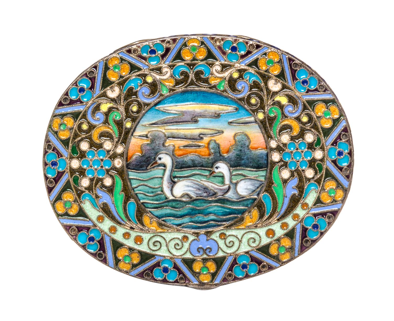 A Russian Enameled Gilt-Silver Box, possibly Bernhard Hinds, Moscow, 1908-1926, of oval form, the lid centered with two swans within a