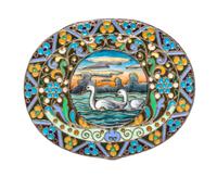 A Russian Enameled Gilt-Silver Box, possibly Bernhard Hinds, Moscow, 1908-1926, of oval form, the lid centered with two swans within a