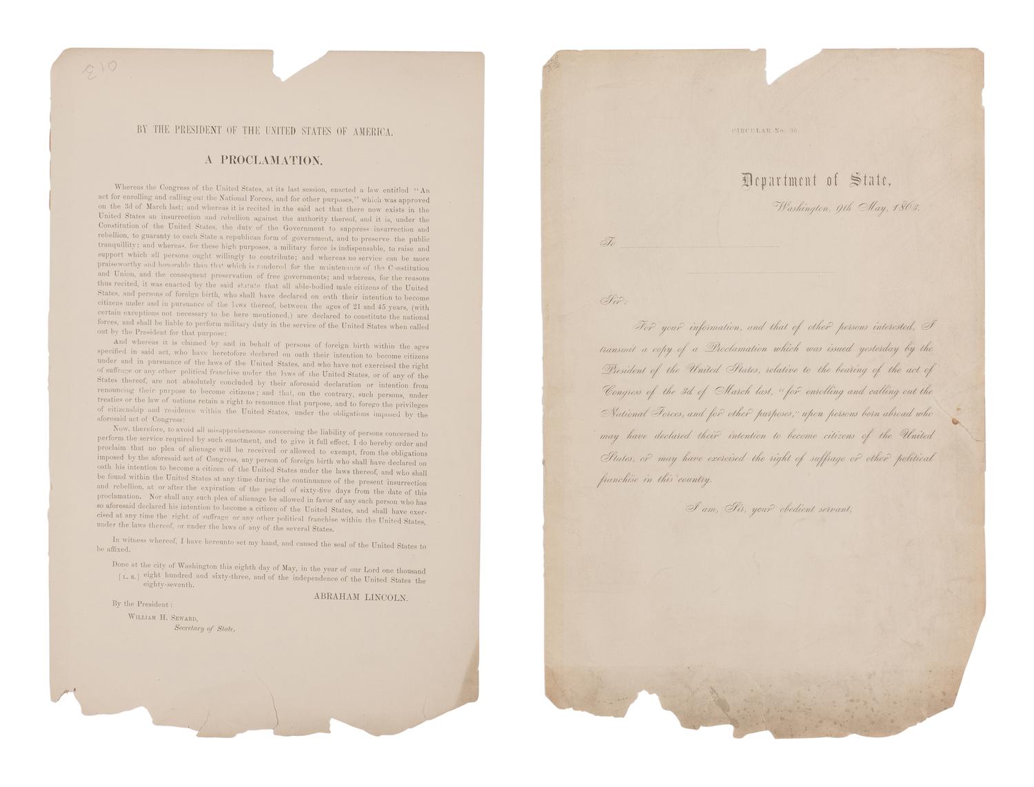 LINCOLN, Abraham (1809-1865). By the President of the United States. A Proclamation . Washington, D.C.: Department of State, 9 May 1863.
