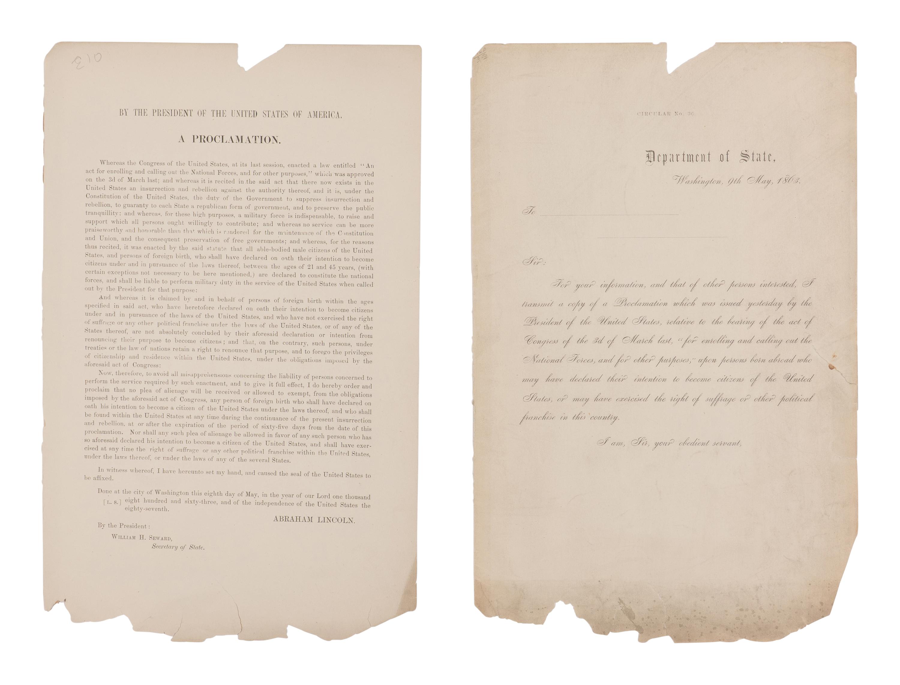 LINCOLN, Abraham (1809-1865). By the President of the United States. A Proclamation . Washington, D.C.: Department of State, 9 May 1863.