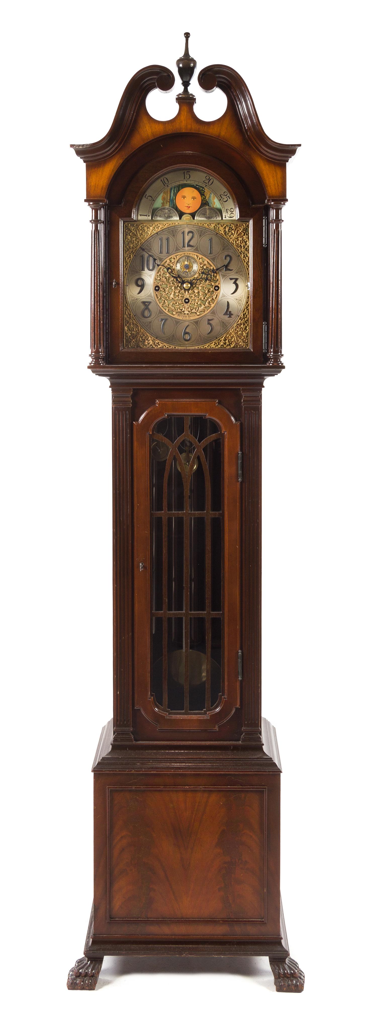 An American Mahogany Five-Tube Hall Clock, Futer Bros. Height 83 1/4 x width 20 x depth 15 inches. — FIRST HALF 20TH CENTURY