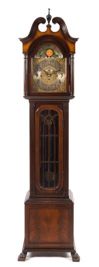 An American Mahogany Five-Tube Hall Clock, Futer Bros. Height 83 1/4 x width 20 x depth 15 inches. — FIRST HALF 20TH CENTURY