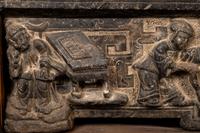 A Chinese Relief Carved Stone Stele Panel on Fitted Wood Stand