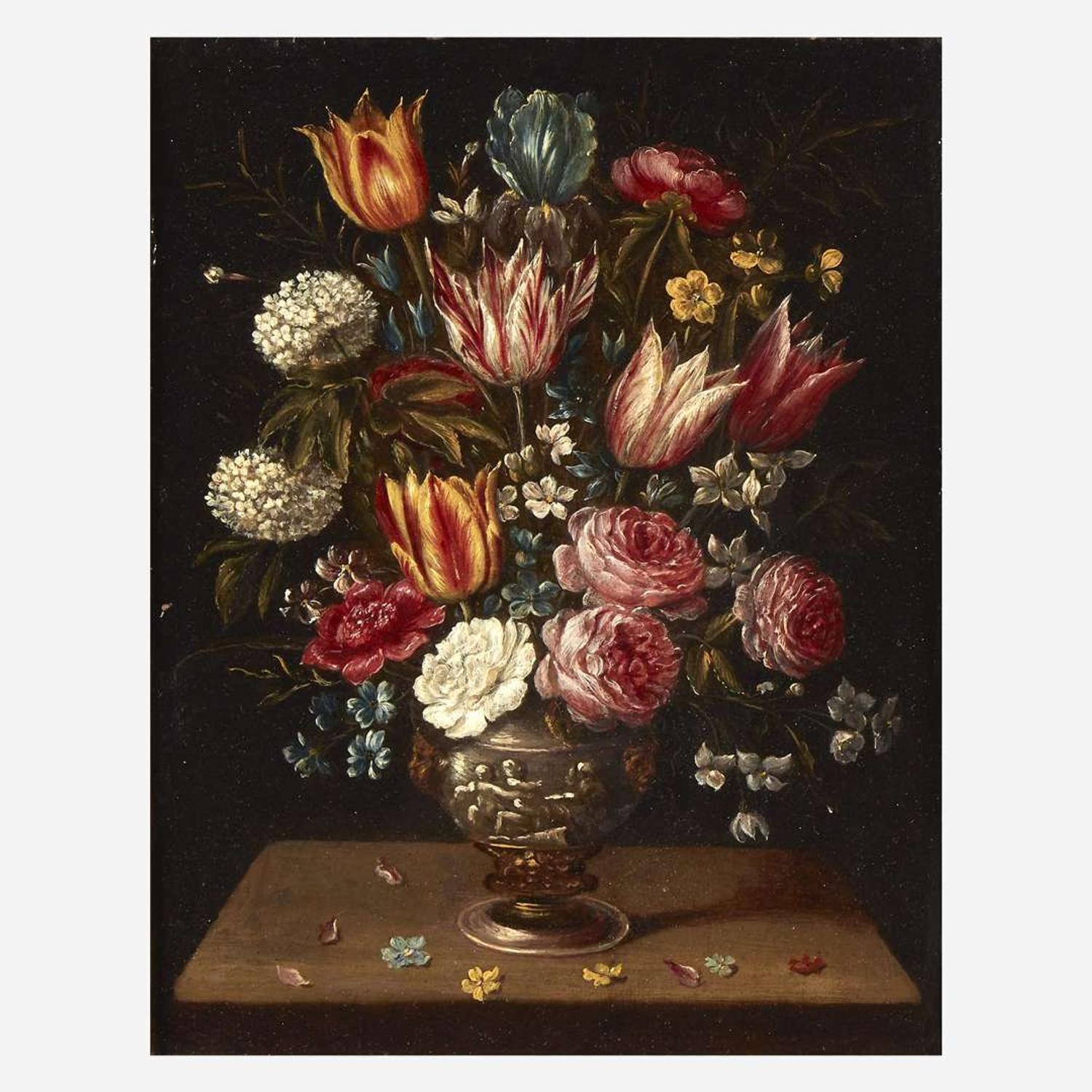 Circle of Frans Francken the Younger (Flemish, 1581–1642) A Still life of Flowers in an Urn on a Ledge; together with a companion