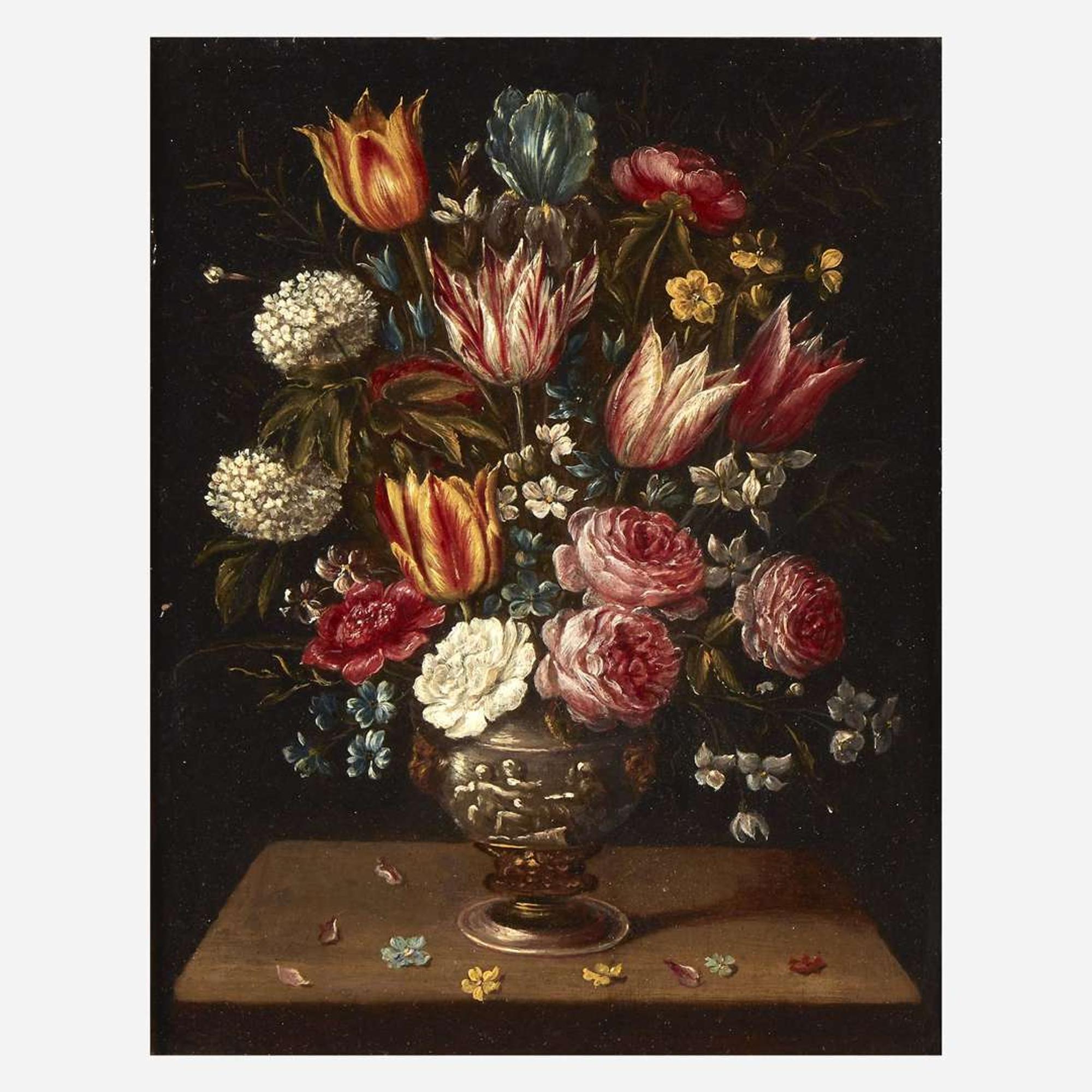 Circle of Frans Francken the Younger (Flemish, 1581–1642) A Still life of Flowers in an Urn on a Ledge; together with a companion