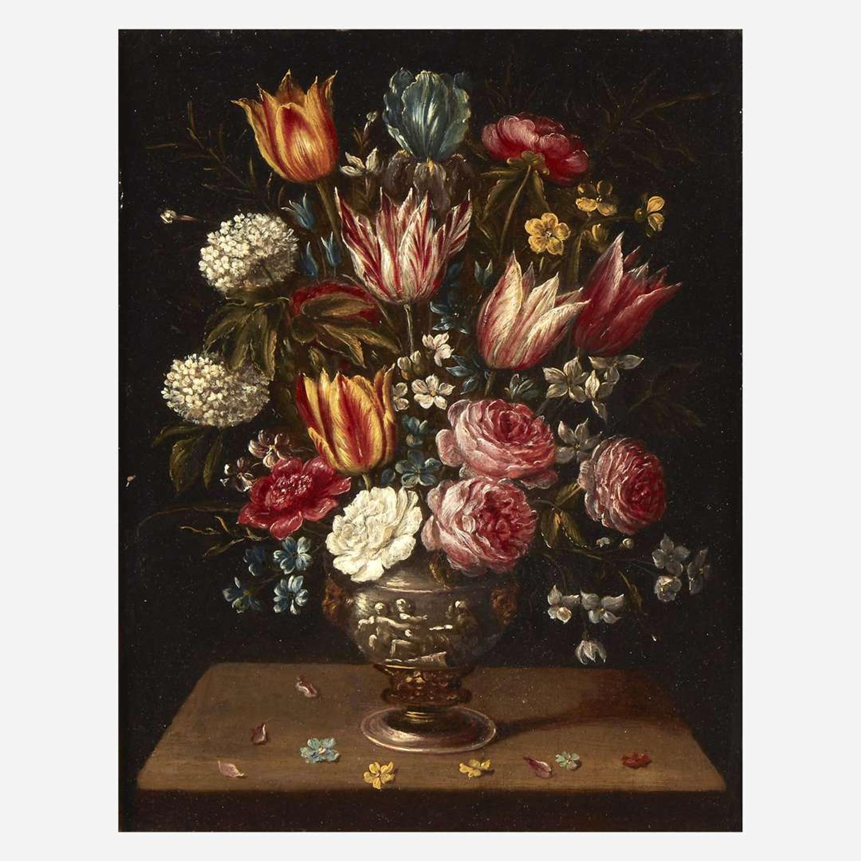 Circle of Frans Francken the Younger (Flemish, 1581–1642) A Still life of Flowers in an Urn on a Ledge; together with a companion
