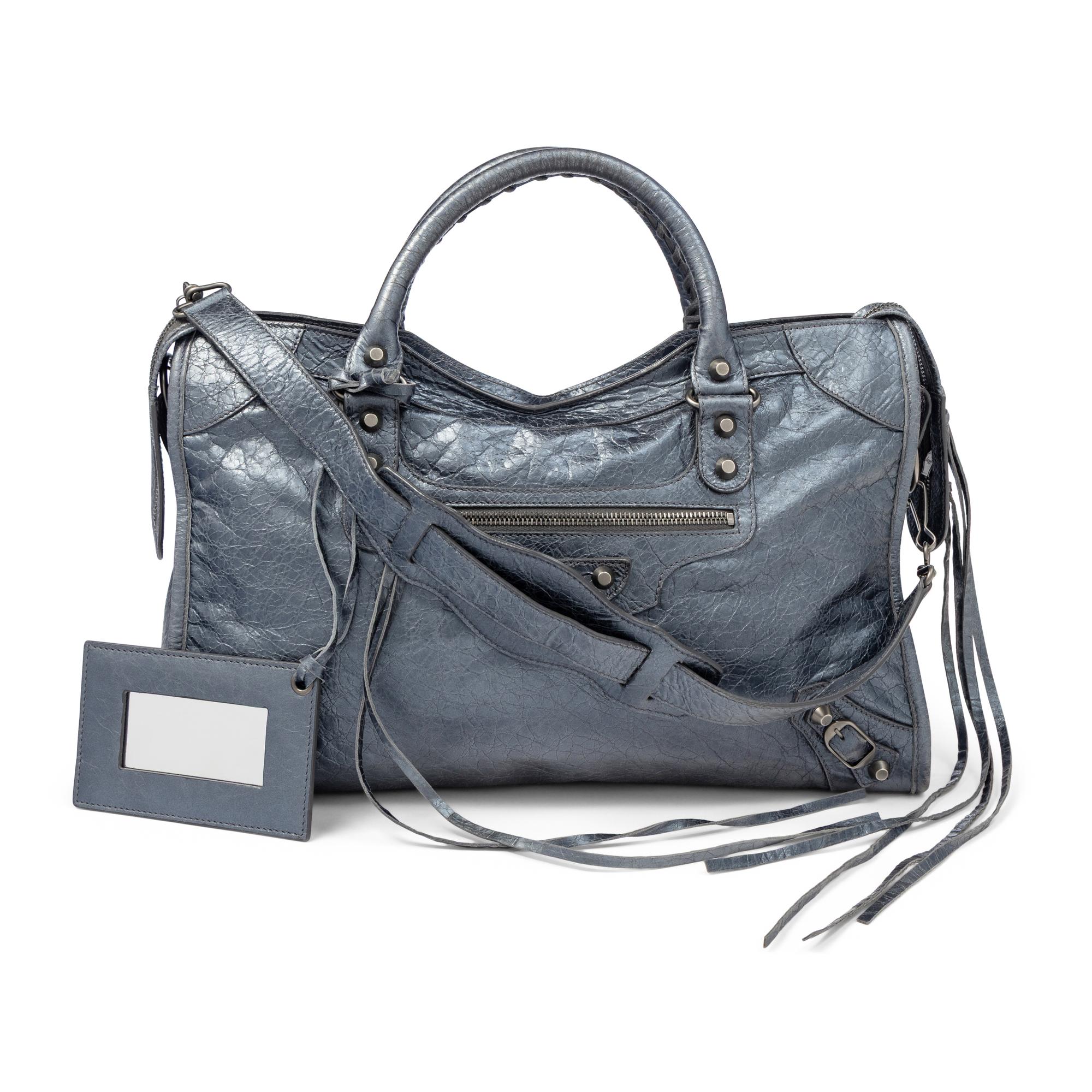 BALENCIAGA, METALLIC STEEL BLUE MEDIUM CITY BAG