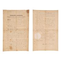 [CIVIL WAR]. JOHNSON, Andrew (1808-1875). SEWARD, William H. (1801-1872). Partly-printed Presidential pardon stamp-signed ("Andrew Johnson") and signed ("WIll. H. Seward") for W.T. Harwood. Washington DC, 20 September 1865.