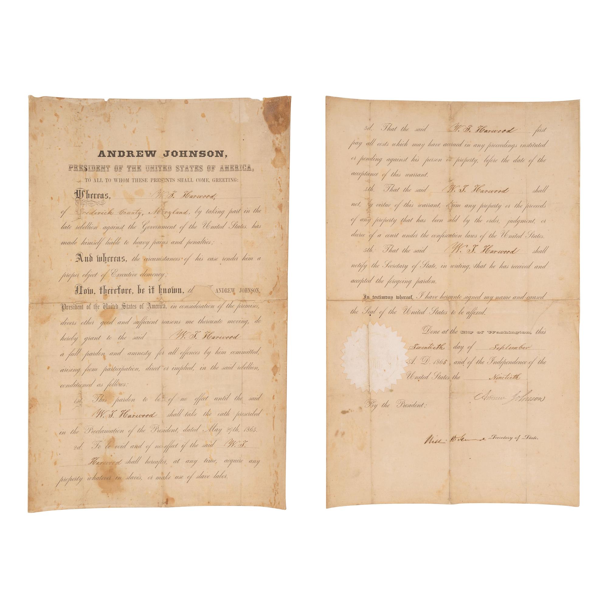 [CIVIL WAR]. JOHNSON, Andrew (1808-1875). SEWARD, William H. (1801-1872). Partly-printed Presidential pardon stamp-signed ("Andrew Johnson") and signed ("WIll. H. Seward") for W.T. Harwood. Washington DC, 20 September 1865.