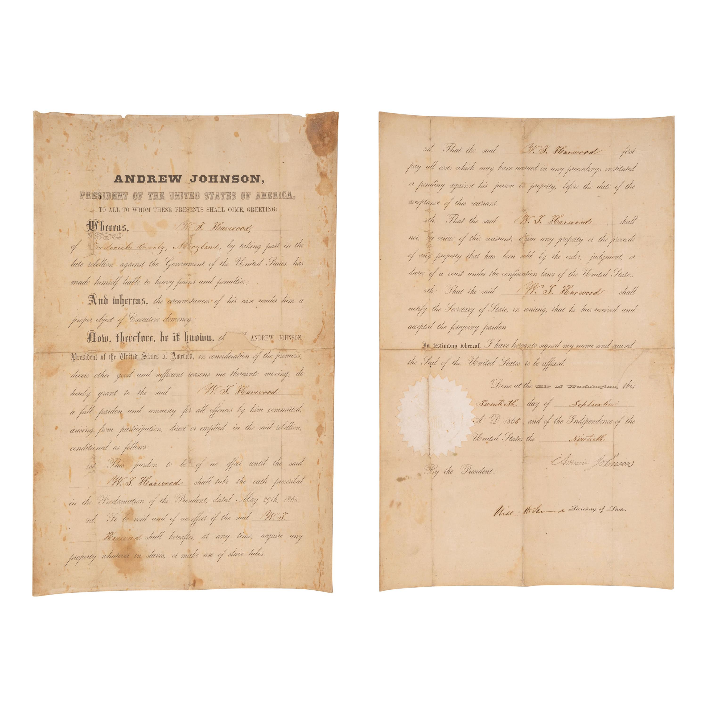 [CIVIL WAR]. JOHNSON, Andrew (1808-1875). SEWARD, William H. (1801-1872). Partly-printed Presidential pardon stamp-signed ("Andrew Johnson") and signed ("WIll. H. Seward") for W.T. Harwood. Washington DC, 20 September 1865.