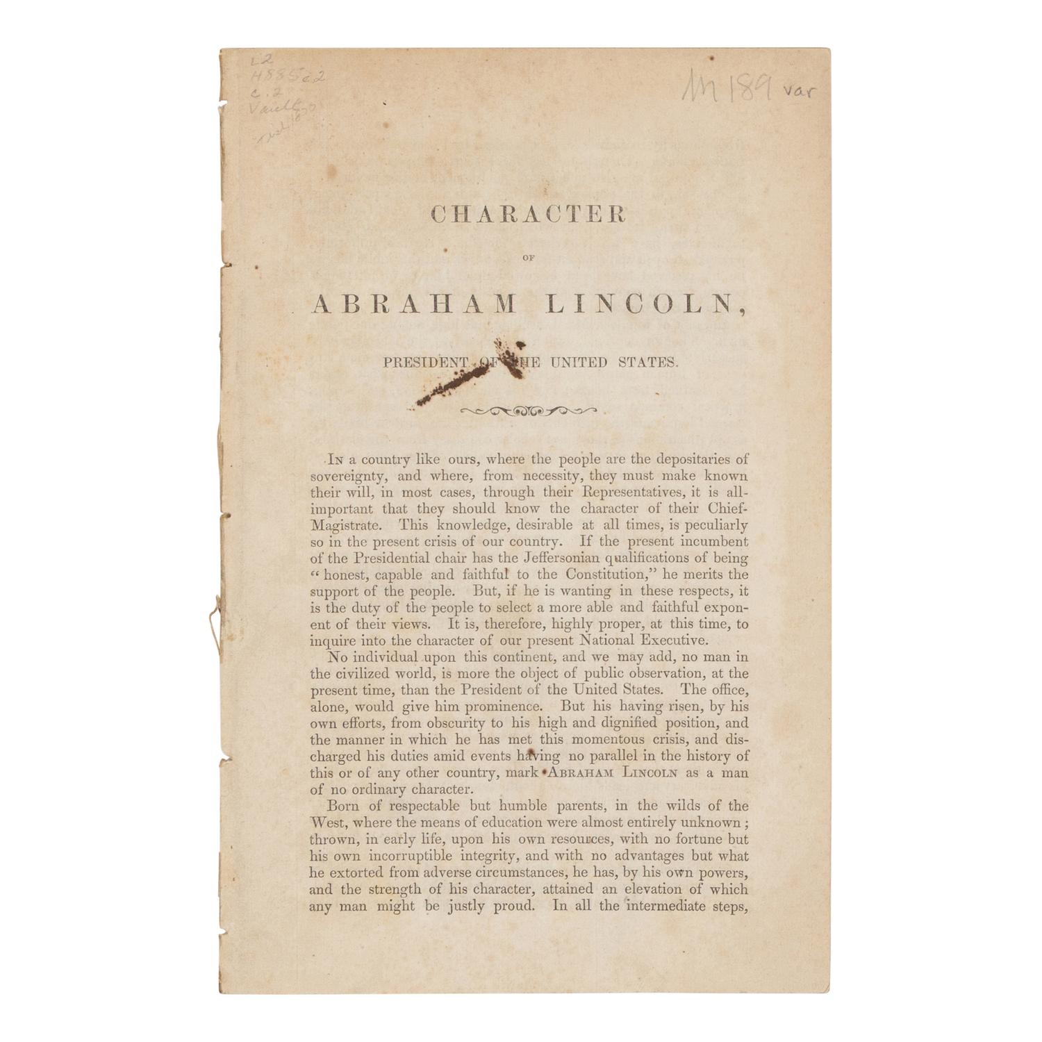 [PRO & ANTI-LINCOLN CAMPAIGN]. A group of 10 pamphlets, comprising: