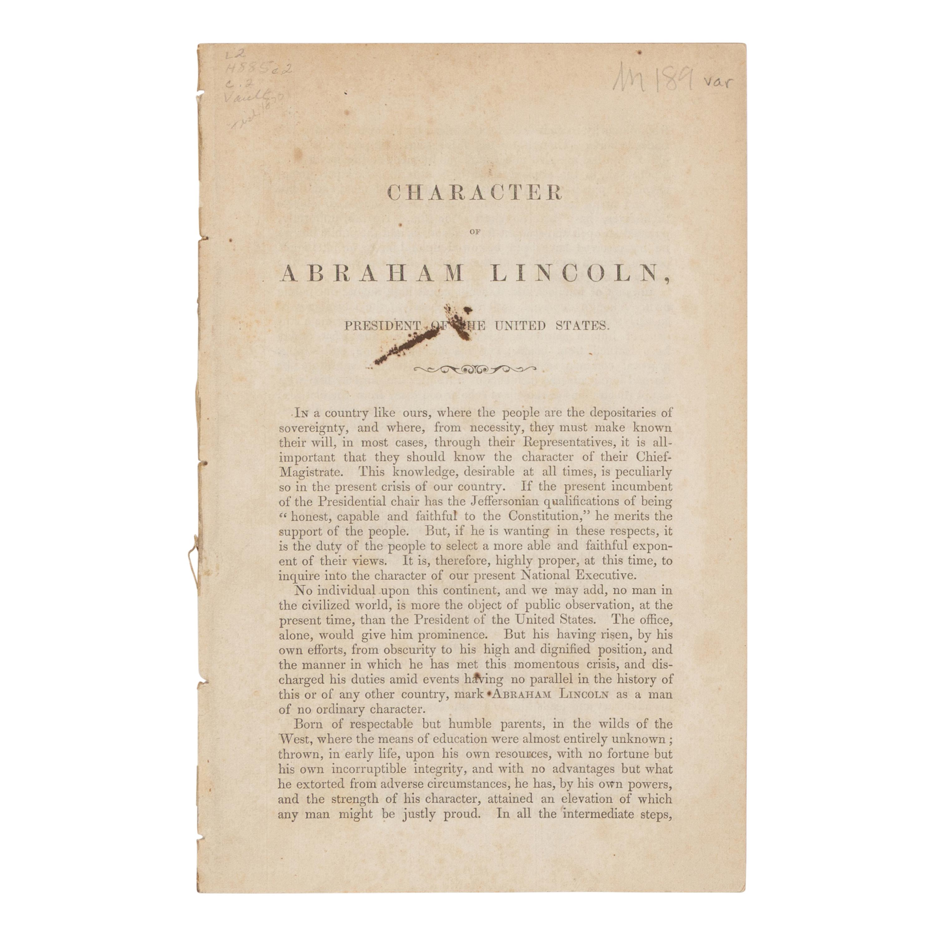 [PRO & ANTI-LINCOLN CAMPAIGN]. A group of 10 pamphlets, comprising: