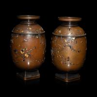 A Pair of Japanese Mixed Metal Vases, Miyabe Atsuyoshi, Late Meiji Period
