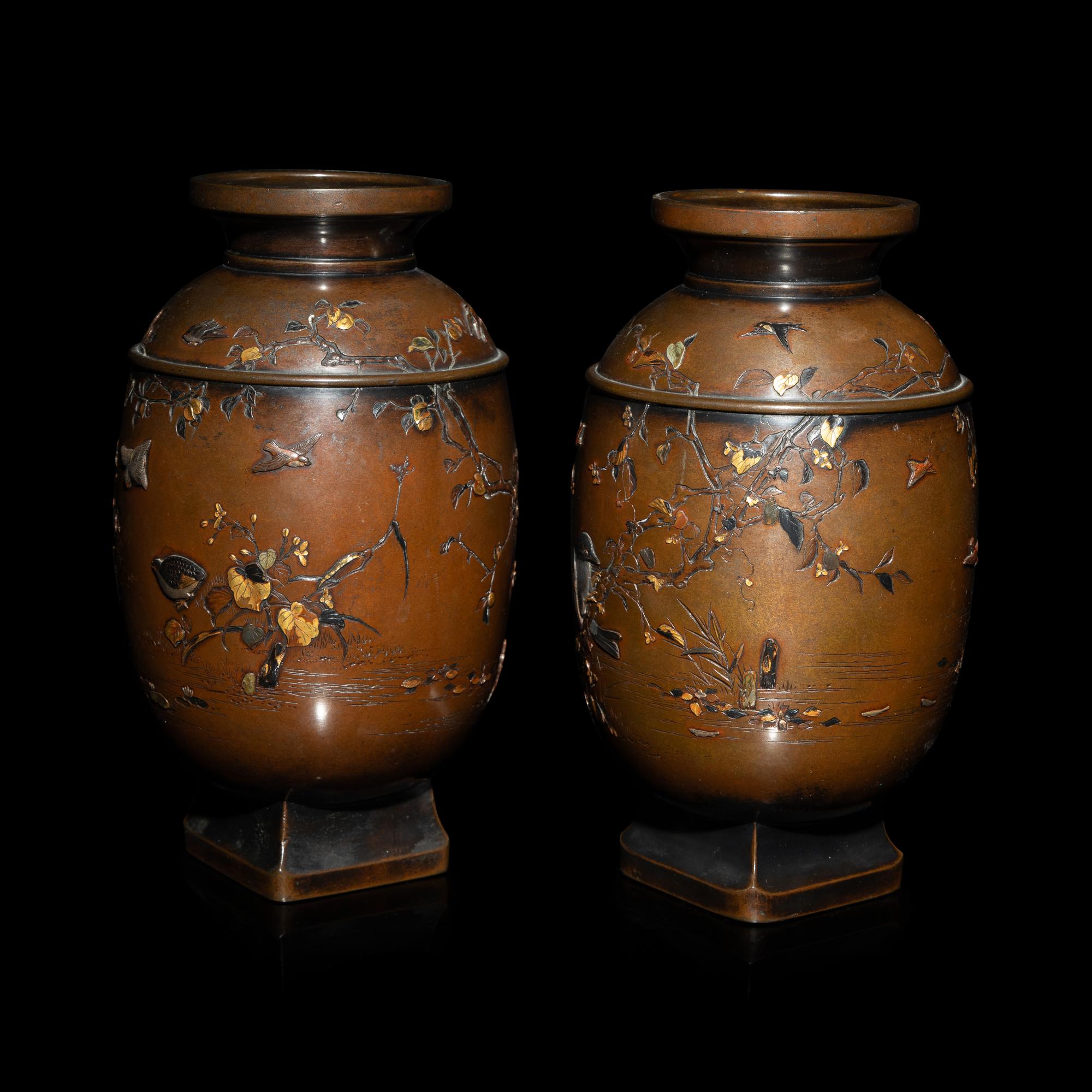 A Pair of Japanese Mixed Metal Vases, Miyabe Atsuyoshi, Late Meiji Period