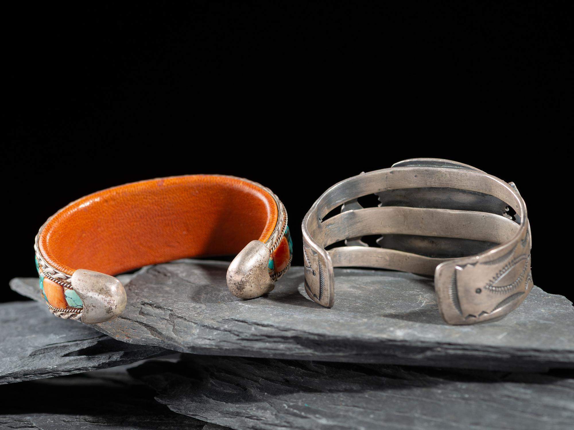 Southwestern-style Silver, Spiny Oyster, and Turquoise Cuff Bracelet, PLUS