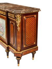 A Pair of Louis XVI Style Gilt Bronze and Porcelain Mounted Parquetry Marble-Top Console Cabinets