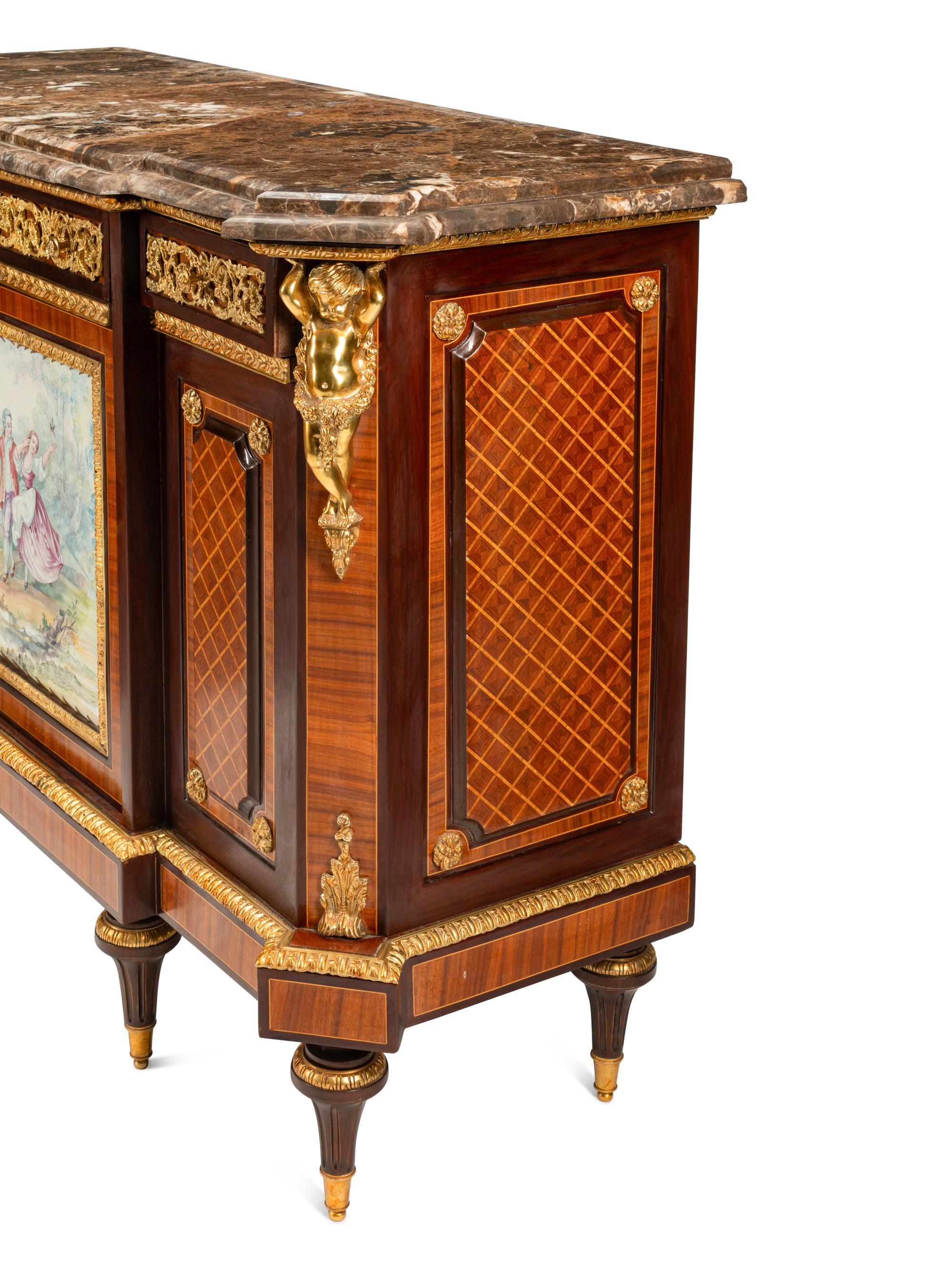 A Pair of Louis XVI Style Gilt Bronze and Porcelain Mounted Parquetry Marble-Top Console Cabinets
