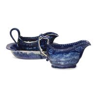 Two Staffordshire Historical Blue Sauce Boats and a Tureen Undertray