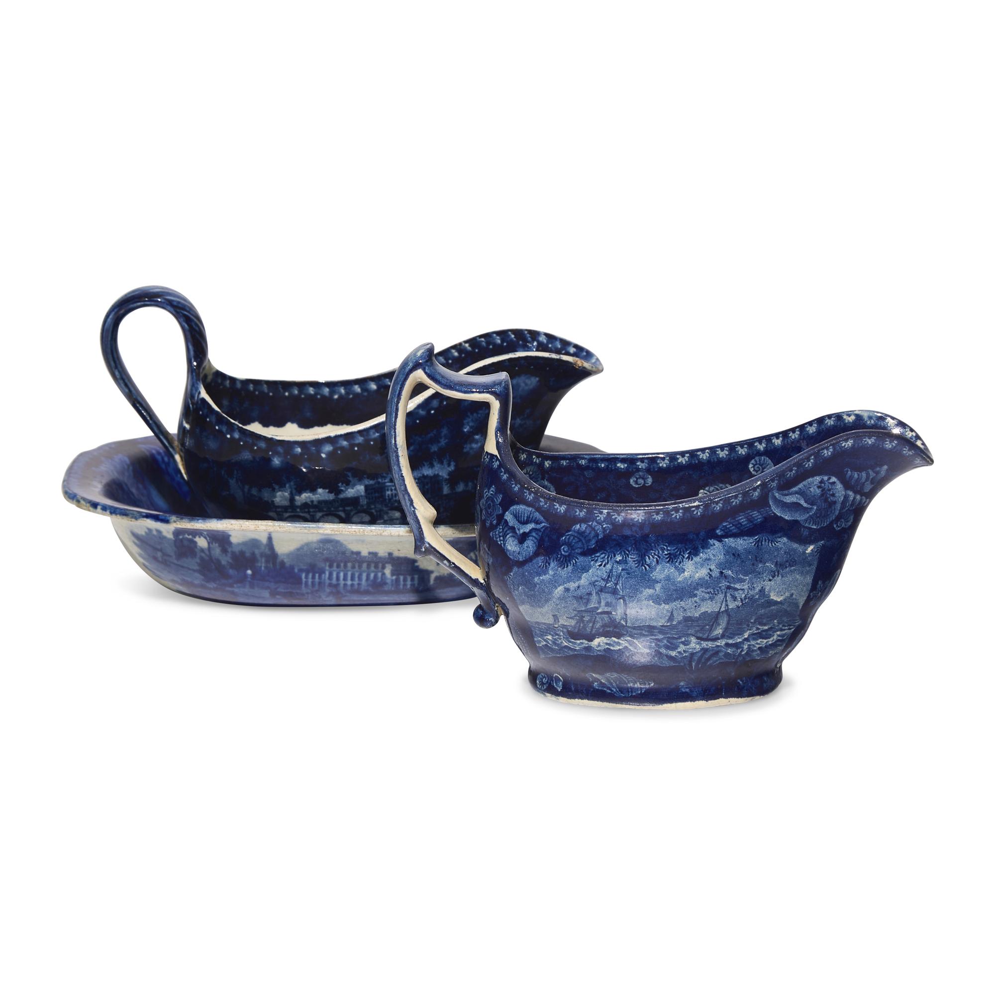 Two Staffordshire Historical Blue Sauce Boats and a Tureen Undertray