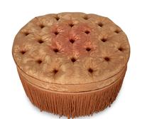 A Pair of Button-Tufted Damask Upholstered Ottomans