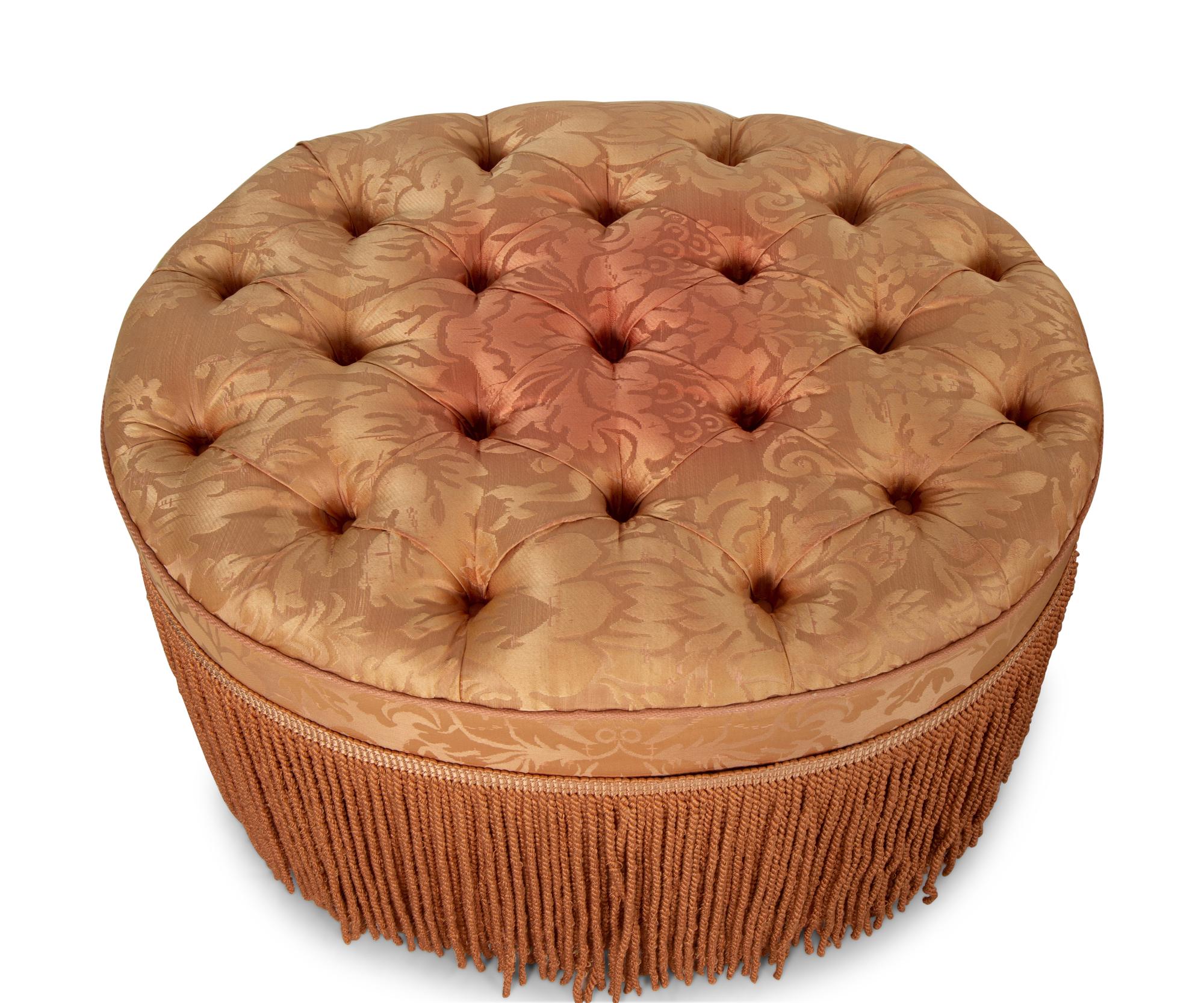 A Pair of Button-Tufted Damask Upholstered Ottomans