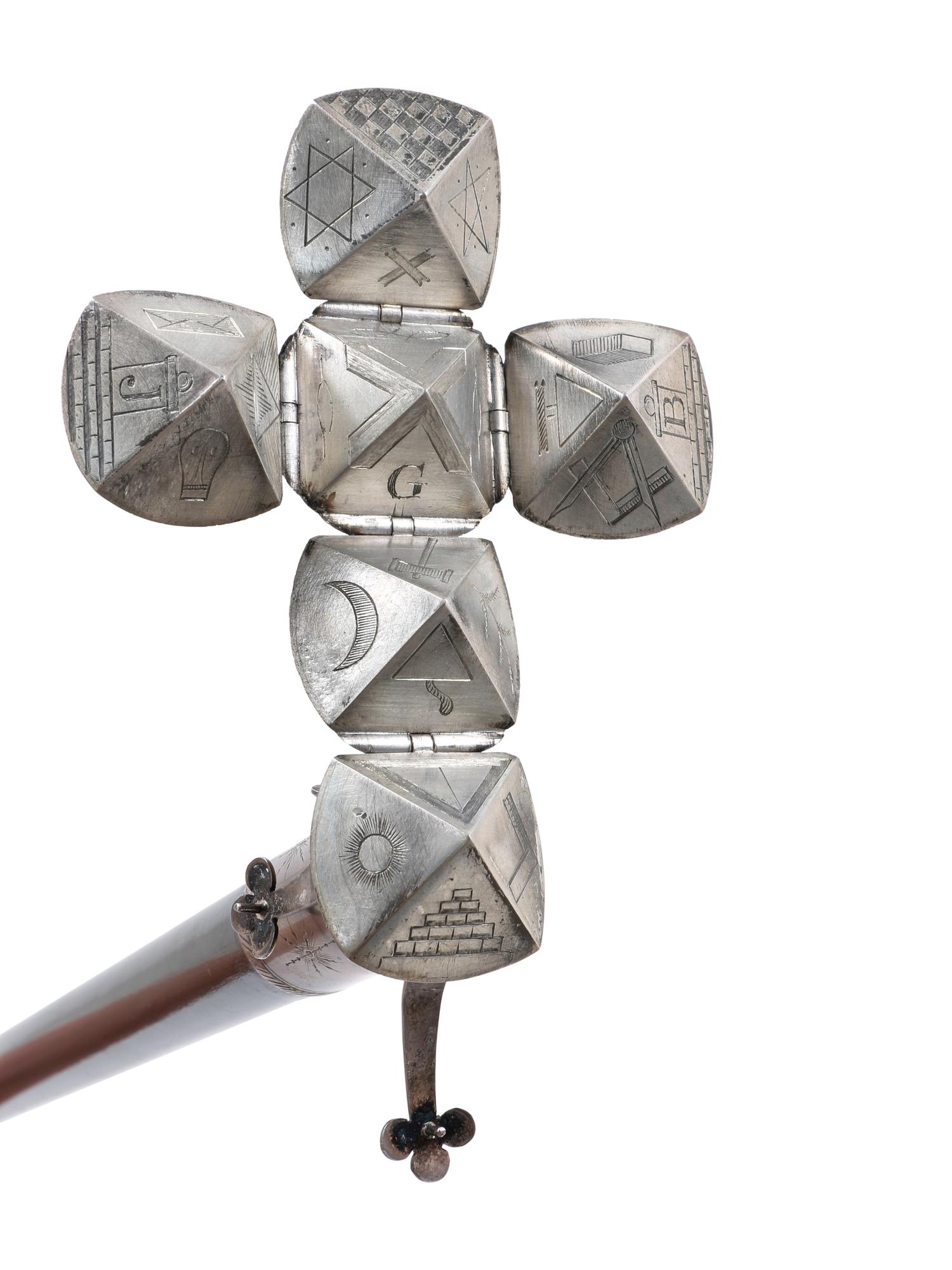 An English Silver-Plate Mounted and Ebonized Masonic Orb System Walking Stick
