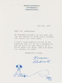 ROCKWELL, Norman (1894-1978). Typed letter signed ("Norman Rockwell") with an original drawing, to Mr. Hartunian, 26 May 1970.