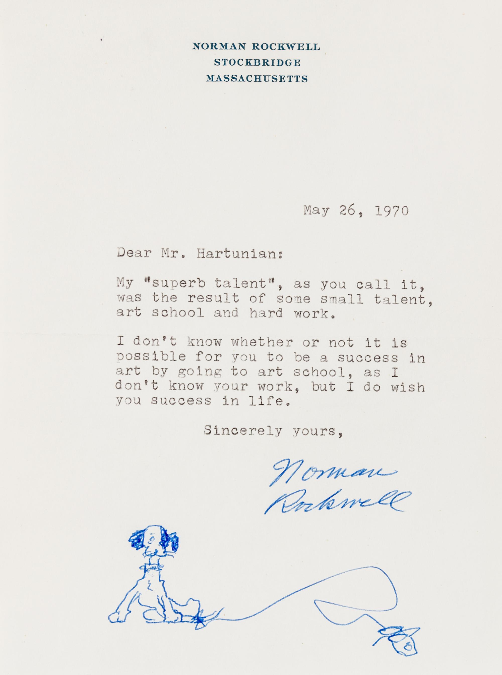 ROCKWELL, Norman (1894-1978). Typed letter signed ("Norman Rockwell") with an original drawing, to Mr. Hartunian, 26 May 1970.